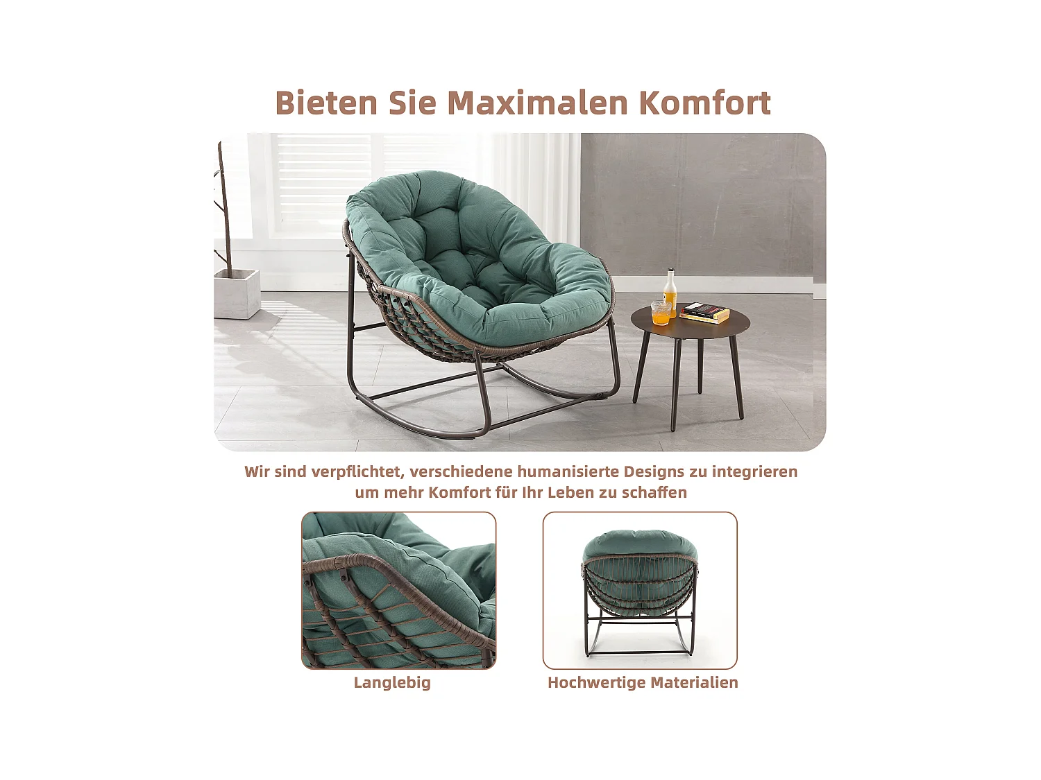 Fauteuil à Bascule en Rotin Naturel - Forme Œuf et Coussin Vert - Confortable pour Salon, Véranda ou Chambre