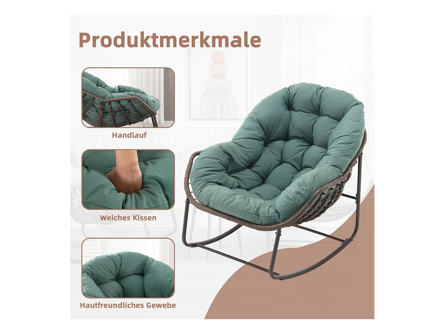 Fauteuil à Bascule en Rotin Naturel - Forme Œuf et Coussin Vert - Confortable pour Salon, Véranda ou Chambre