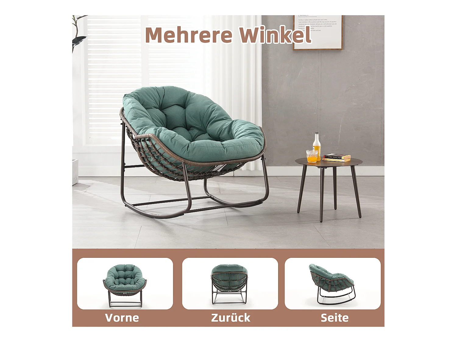 Fauteuil à Bascule en Rotin Naturel - Forme Œuf et Coussin Vert - Confortable pour Salon, Véranda ou Chambre