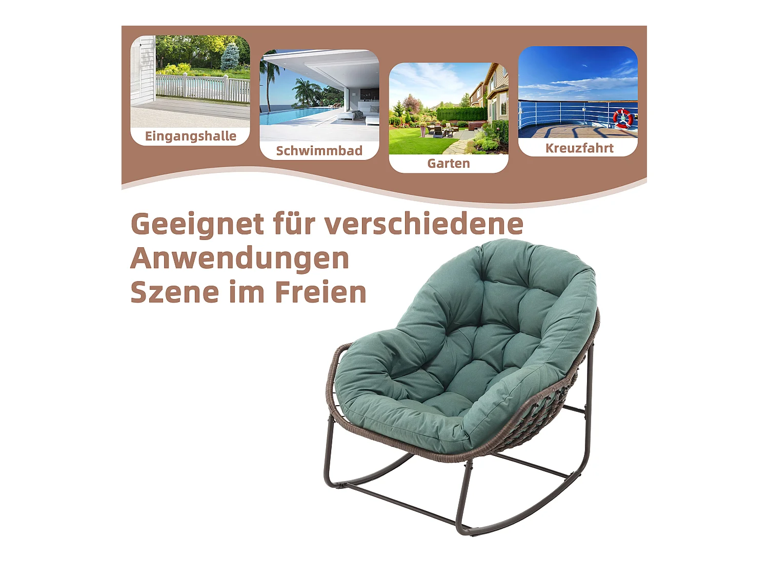 Fauteuil à Bascule en Rotin Naturel - Forme Œuf et Coussin Vert - Confortable pour Salon, Véranda ou Chambre