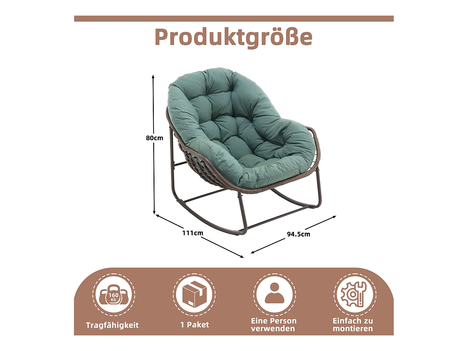 Fauteuil à Bascule en Rotin Naturel - Forme Œuf et Coussin Vert - Confortable pour Salon, Véranda ou Chambre