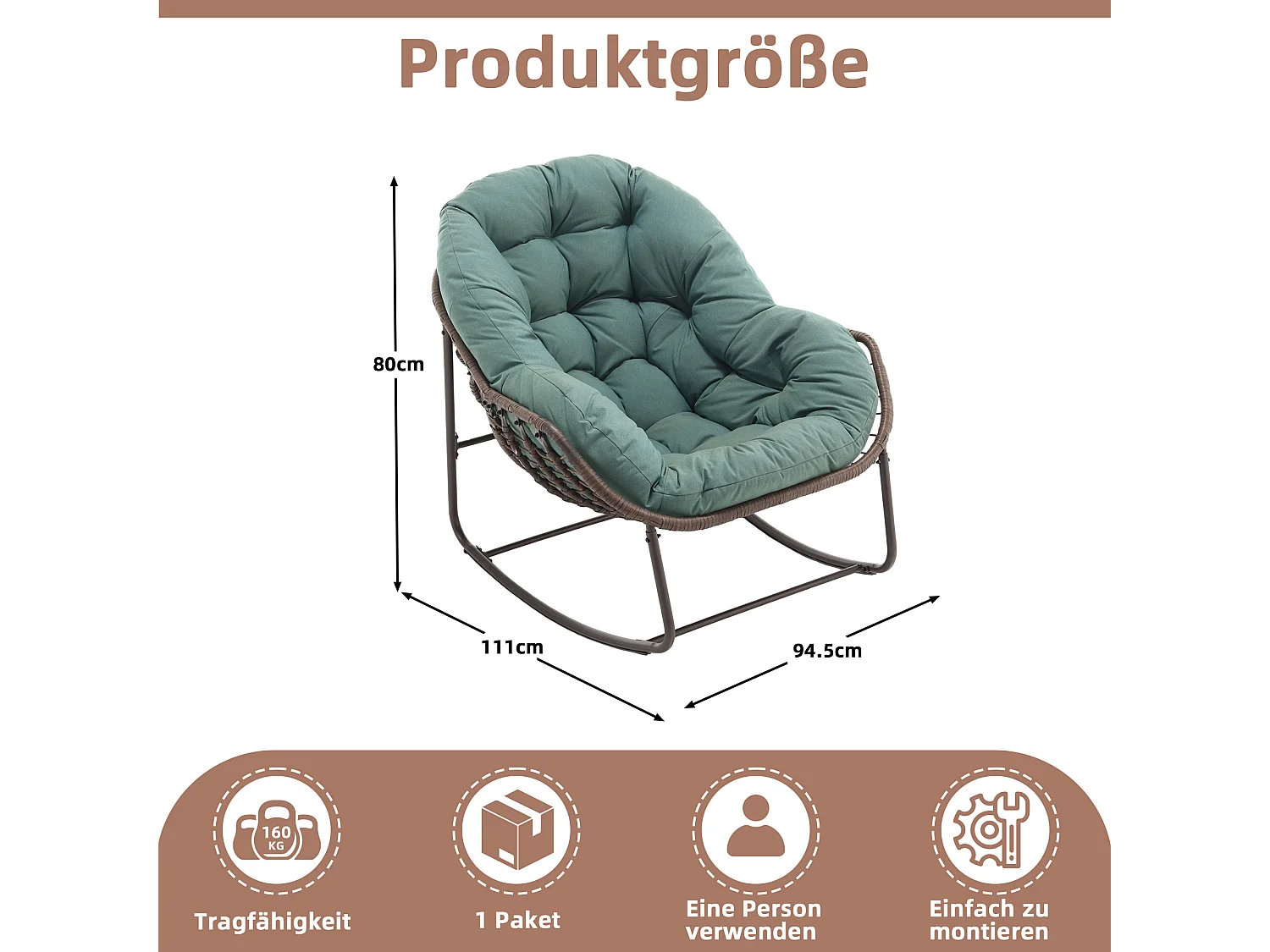Cocon -  Fauteuil à Bascule en Rotin Naturel - Forme Œuf et Coussin Vert - Confortable pour Salon, Véranda ou Chambre