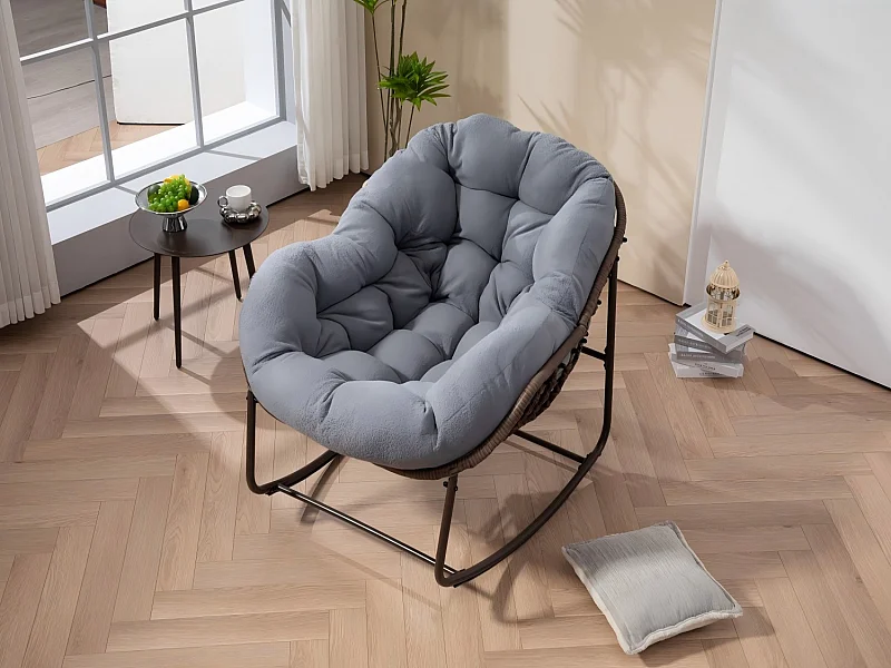 Fauteuil à Bascule en Rotin Naturel - Forme Œuf et Coussin Gris Anthracite - Confortable pour Salon, Véranda ou Chambre