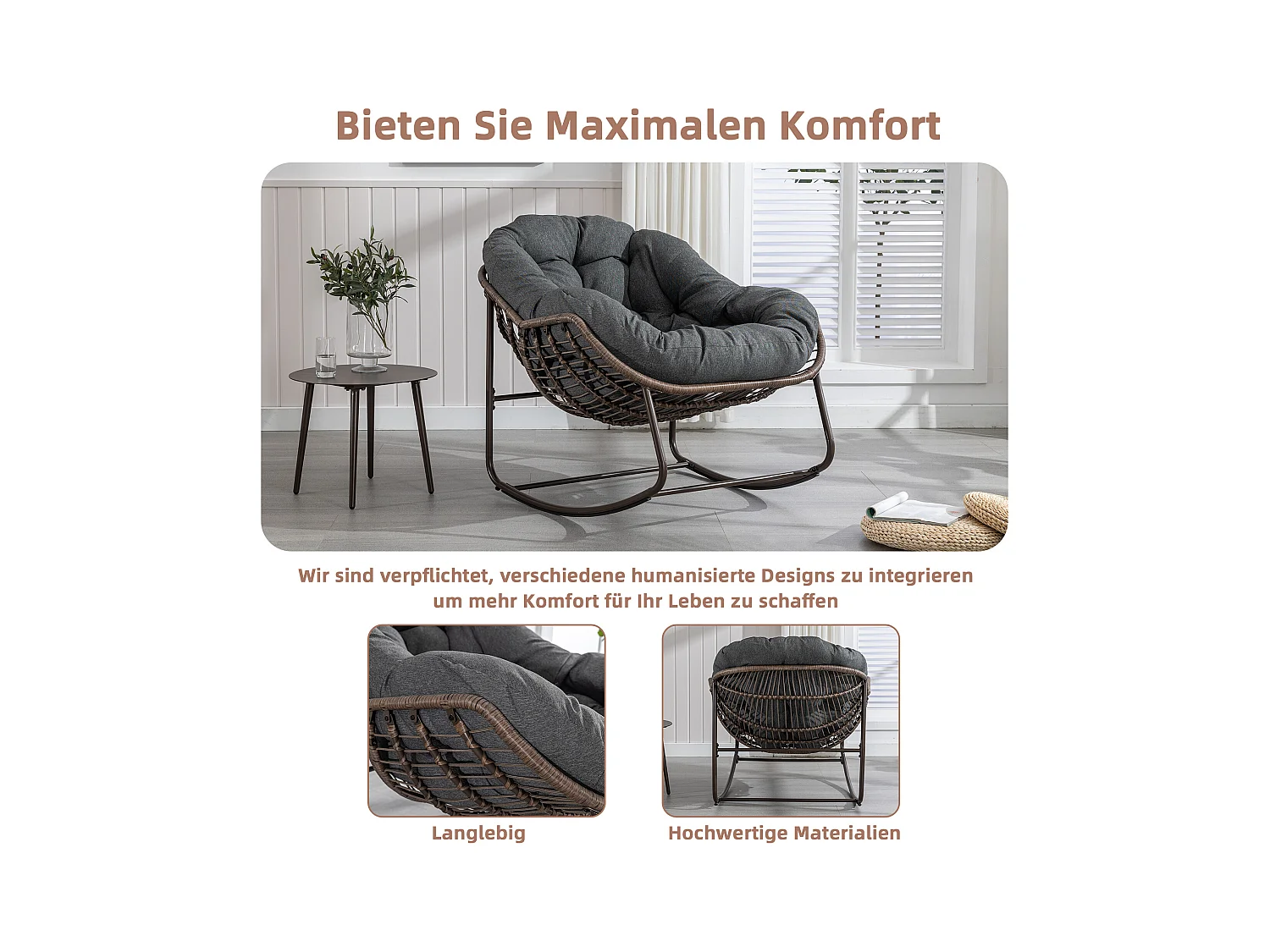 Fauteuil à Bascule en Rotin Naturel - Forme Œuf et Coussin Gris Anthracite - Confortable pour Salon, Véranda ou Chambre