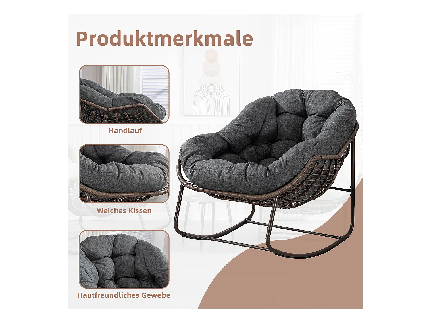 Fauteuil à Bascule en Rotin Naturel - Forme Œuf et Coussin Gris Anthracite - Confortable pour Salon, Véranda ou Chambre