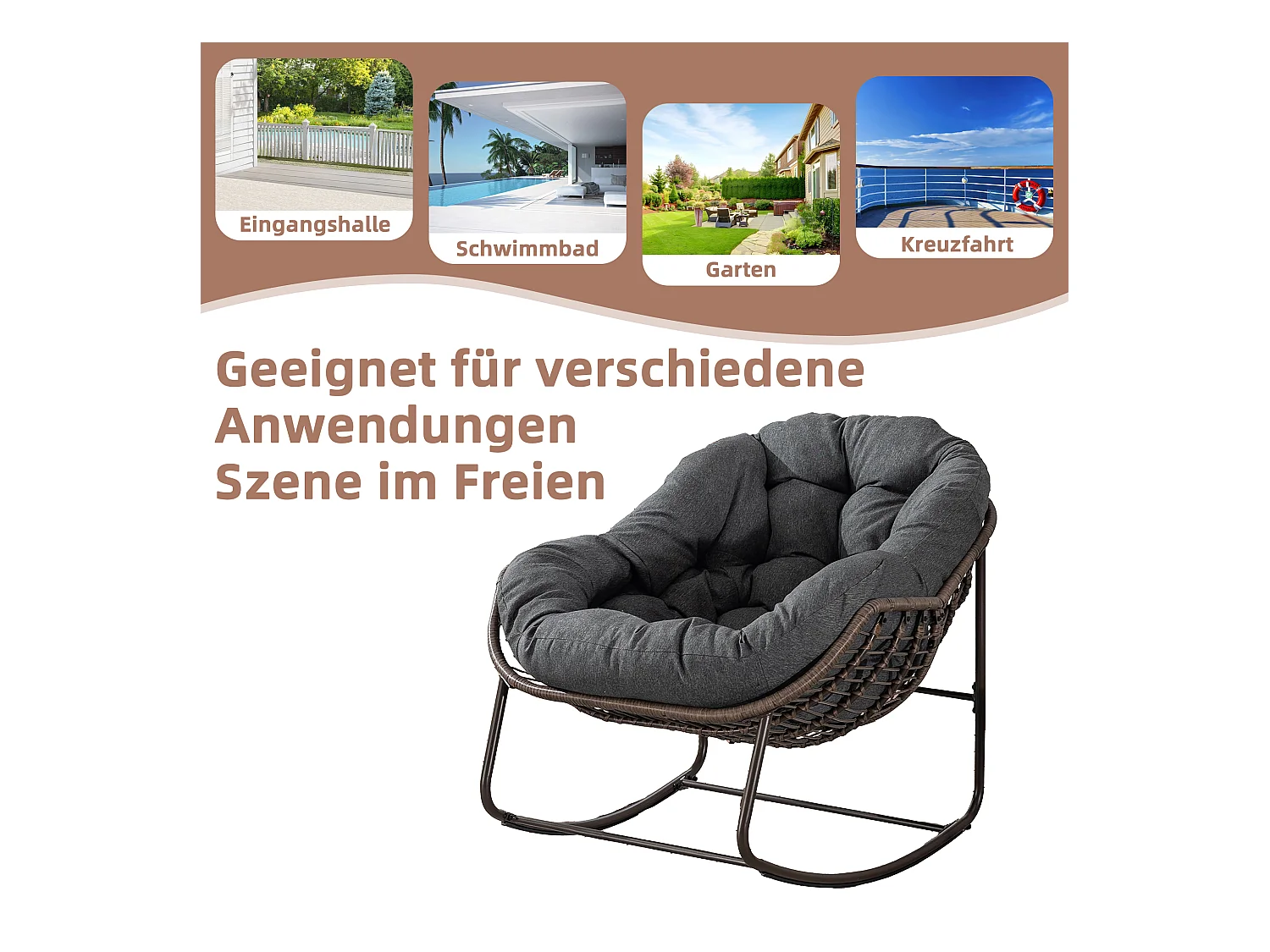 Fauteuil à Bascule en Rotin Naturel - Forme Œuf et Coussin Gris Anthracite - Confortable pour Salon, Véranda ou Chambre