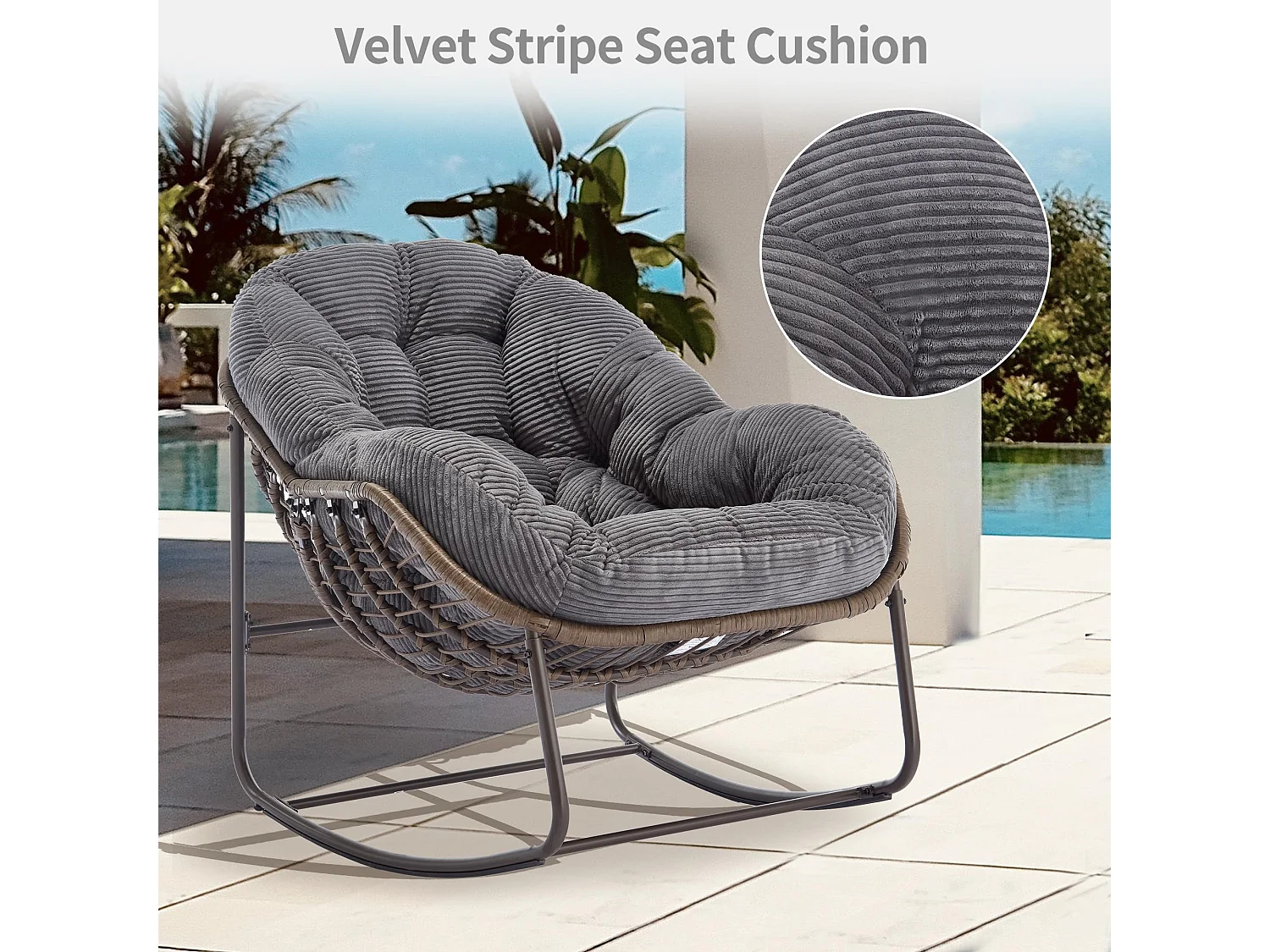 Fauteuil à Bascule en Rotin Naturel - Forme Œuf et Coussin Gris Anthracite - Confortable pour Salon, Véranda ou Chambre