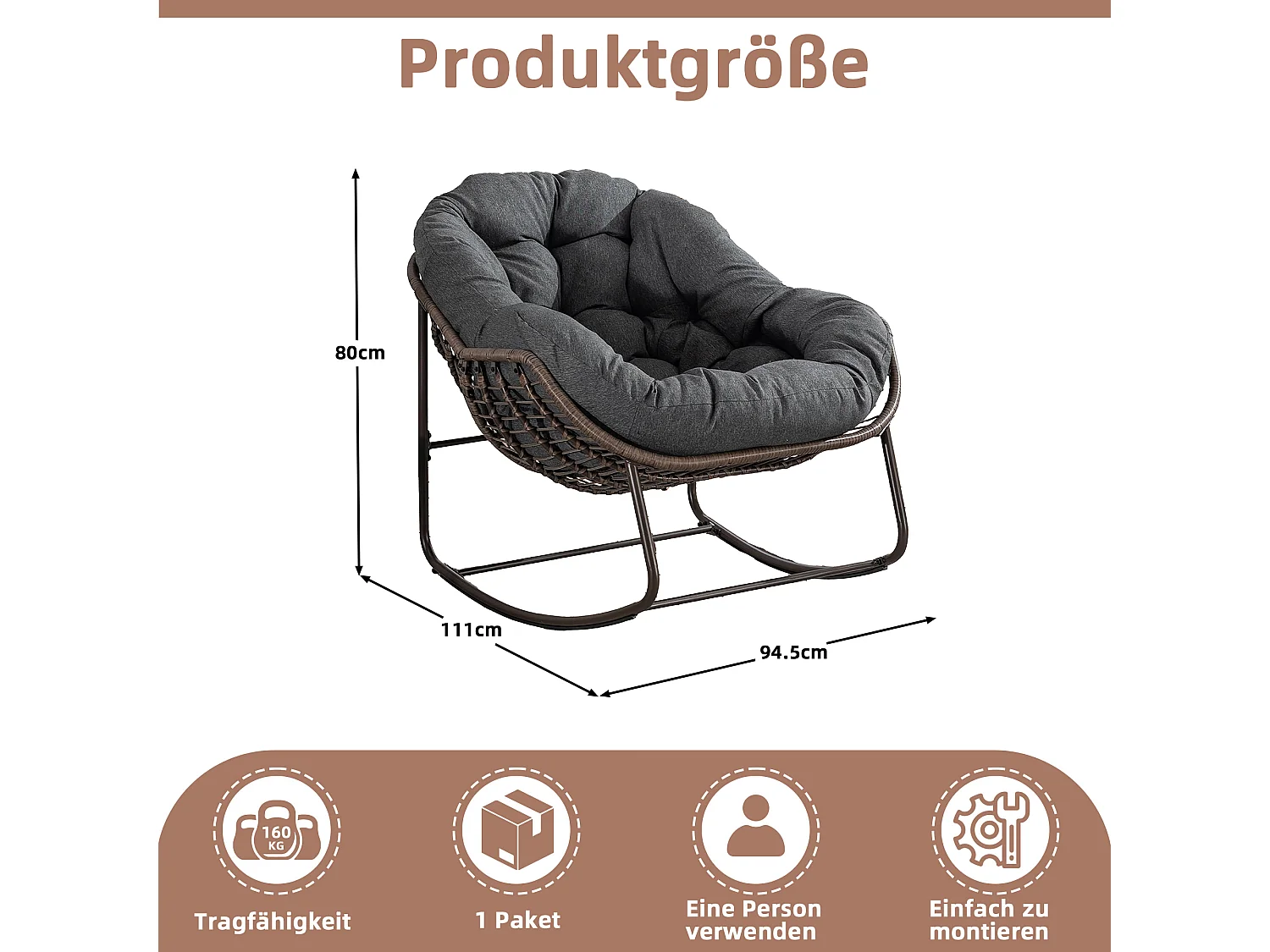 Fauteuil à Bascule en Rotin Naturel - Forme Œuf et Coussin Gris Anthracite - Confortable pour Salon, Véranda ou Chambre