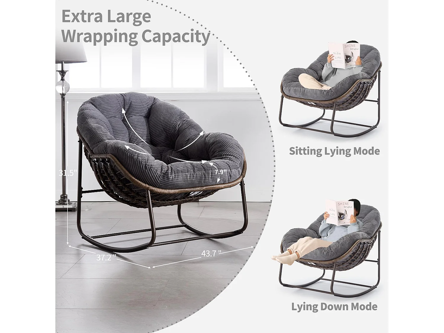 Cocon - Fauteuil à Bascule en Rotin Naturel - Forme Œuf et Coussin Gris Anthracite - Confortable pour Salon, Véranda ou Chambre