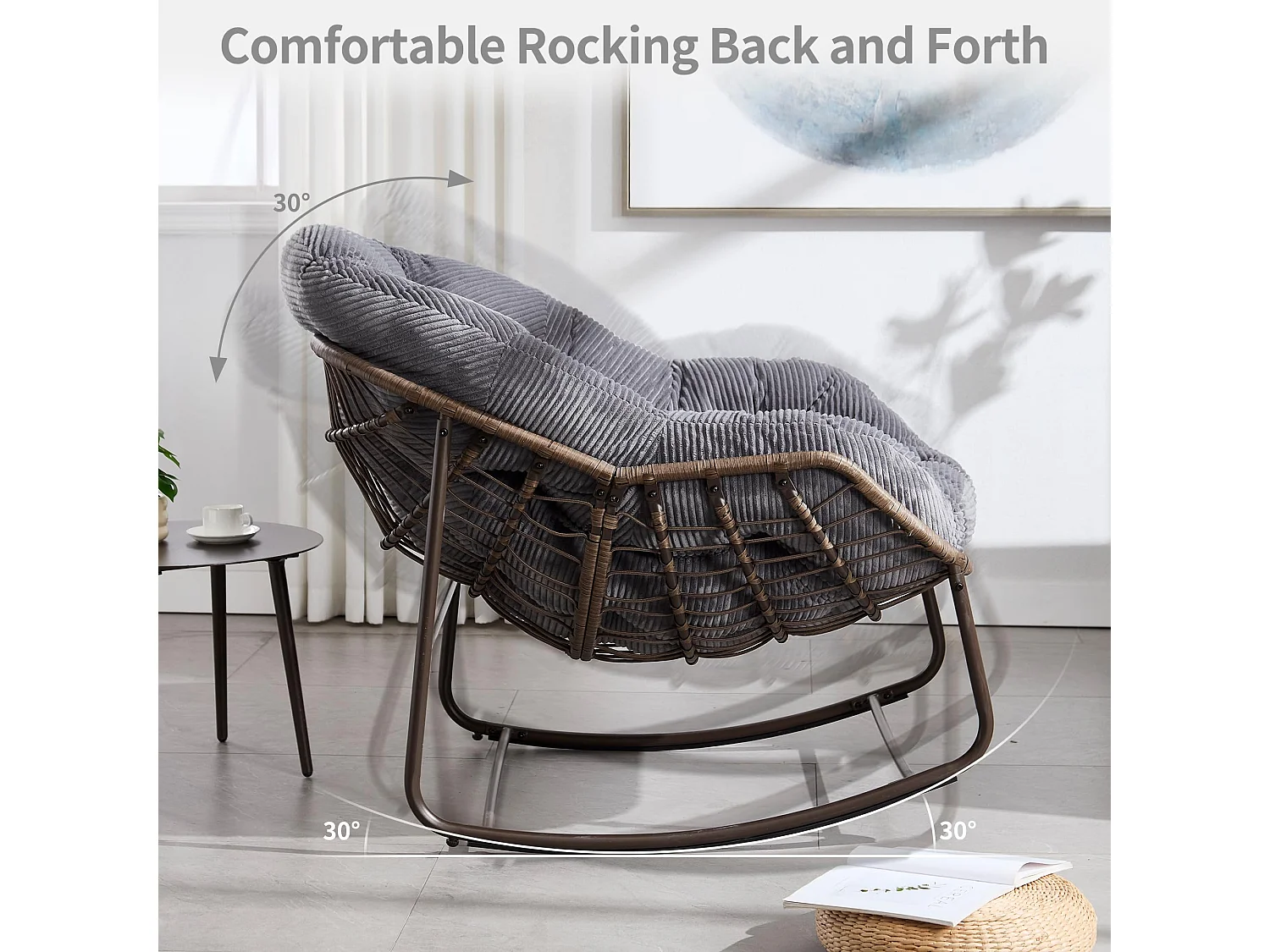 Cocon - Fauteuil à Bascule en Rotin Naturel - Forme Œuf et Coussin Gris Anthracite - Confortable pour Salon, Véranda ou Chambre