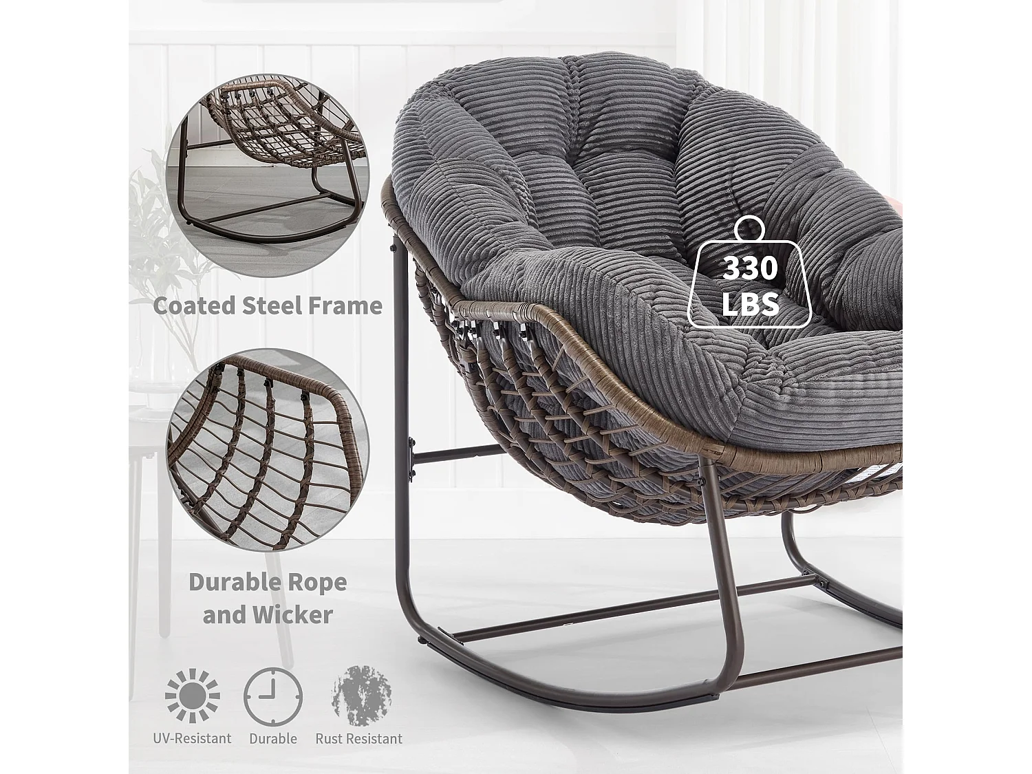 Cocon - Fauteuil à Bascule en Rotin Naturel - Forme Œuf et Coussin Gris Anthracite - Confortable pour Salon, Véranda ou Chambre