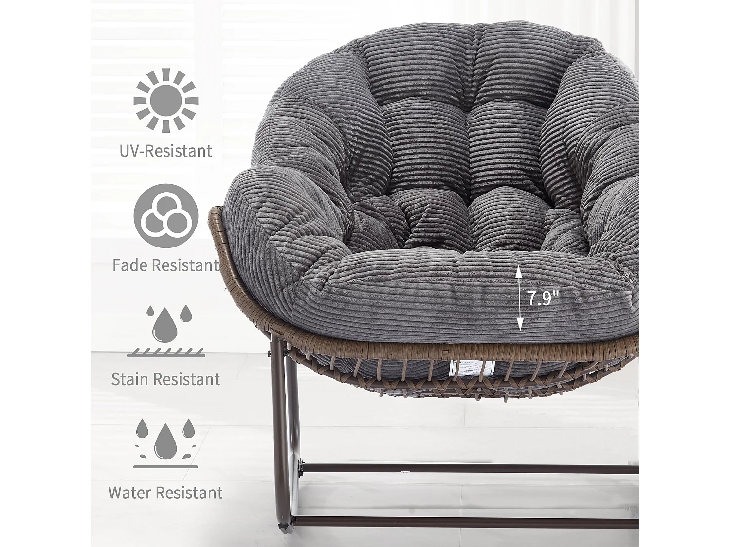 Cocon - Fauteuil à Bascule en Rotin Naturel - Forme Œuf et Coussin Gris Anthracite - Confortable pour Salon, Véranda ou Chambre