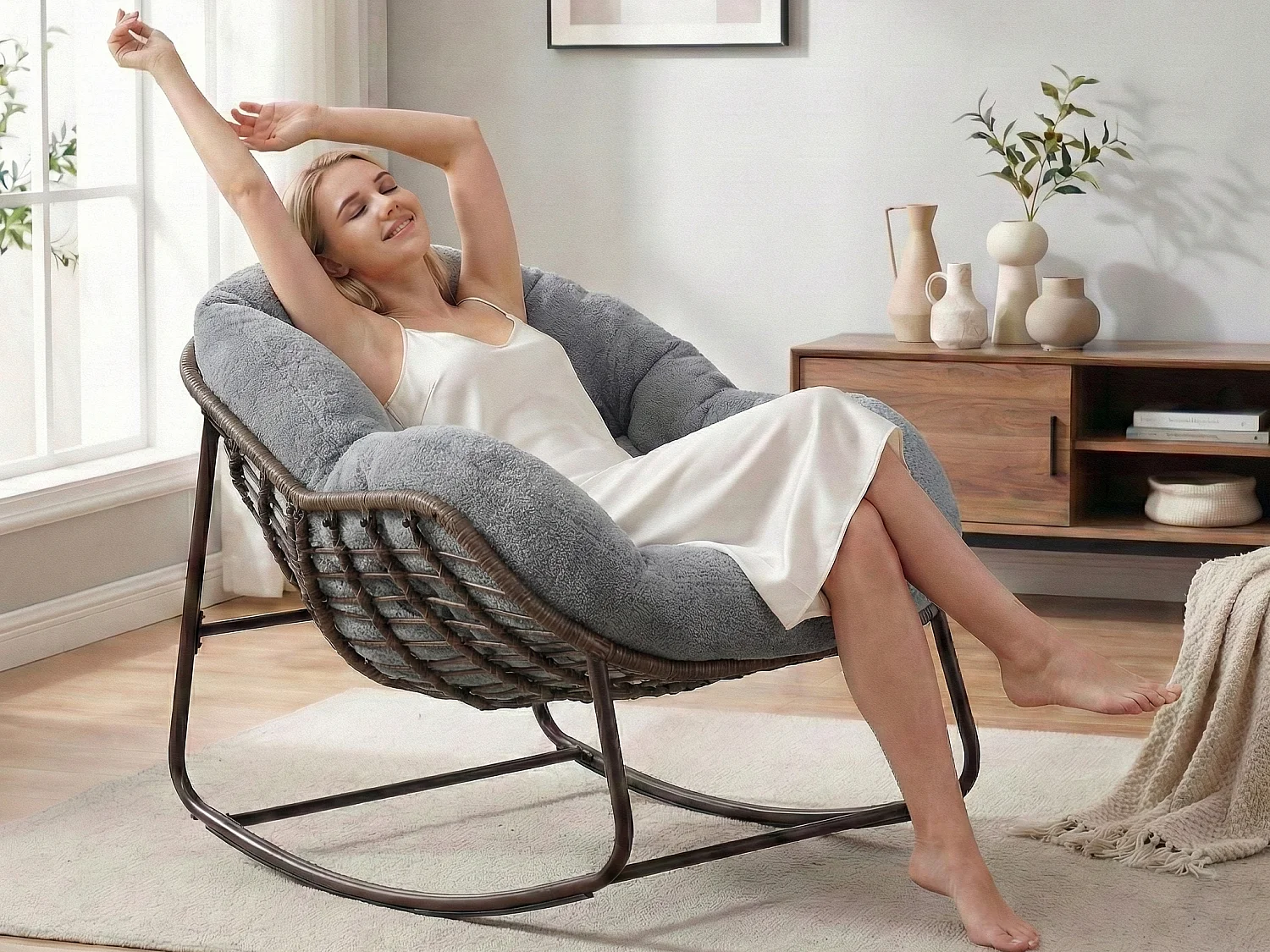 Cocon - Fauteuil à Bascule en Rotin Naturel - Forme Œuf et Coussin Gris Anthracite - Confortable pour Salon, Véranda ou Chambre