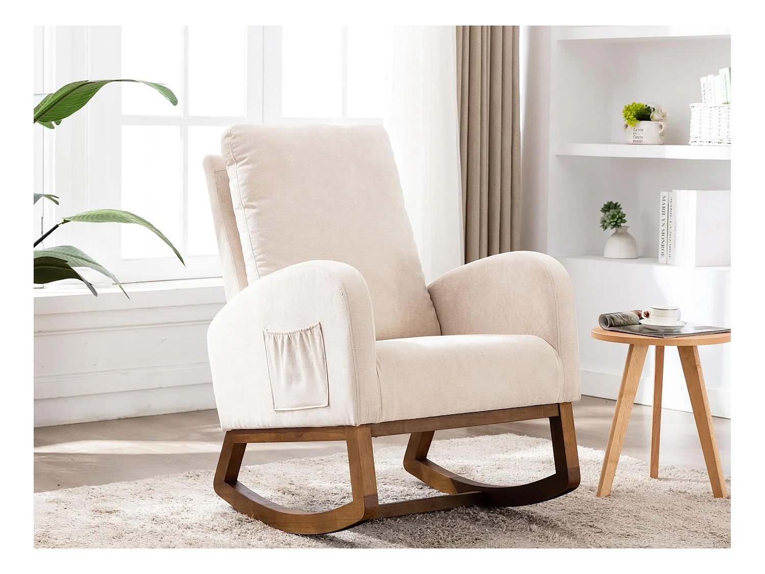 Fauteuil à Bascule en Tissu Lin Beige avec Poches Latérales - Style Carré et Design Naturel pour Salon ou Balcon