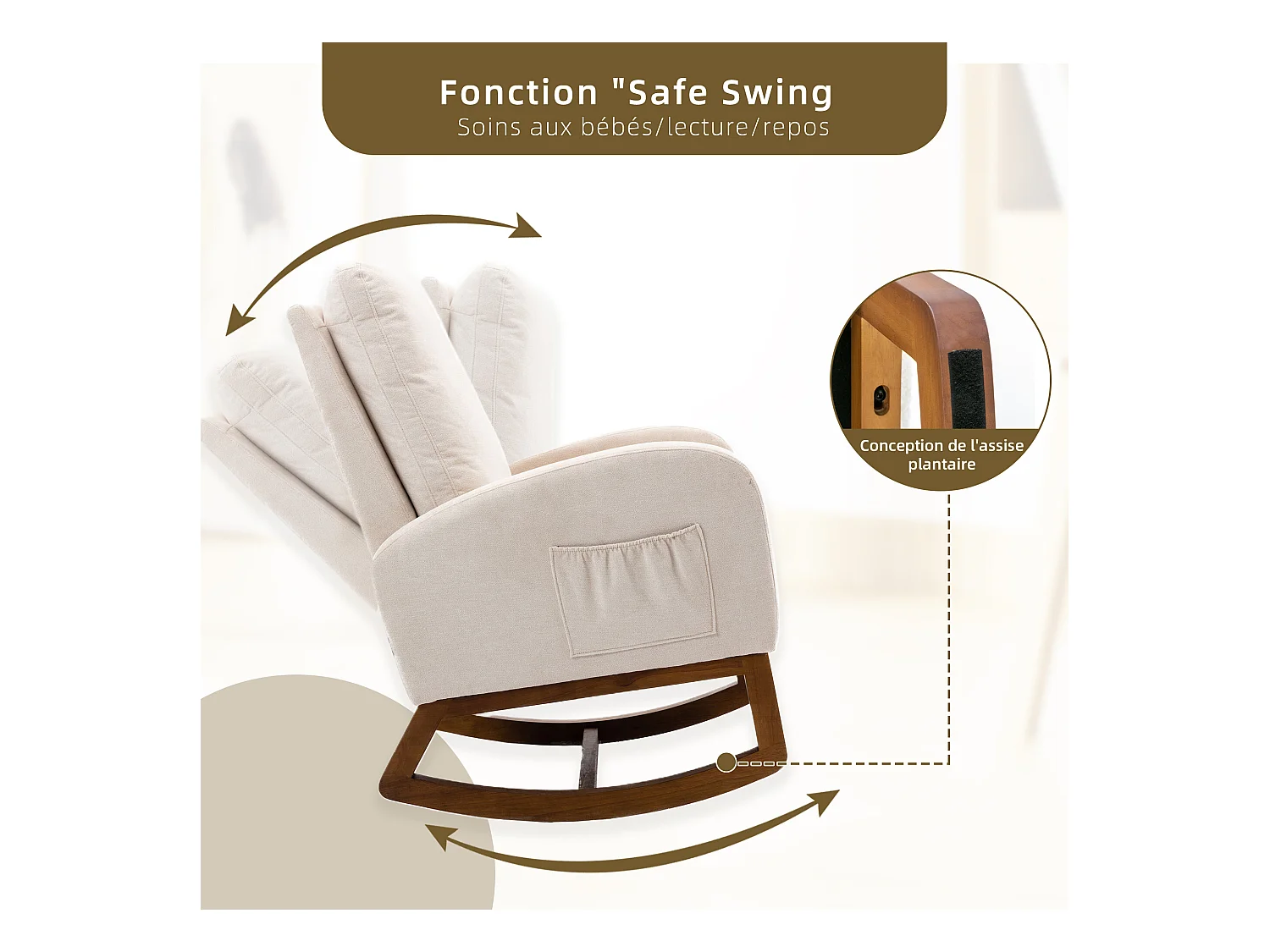 Fauteuil à Bascule en Tissu Lin Beige avec Poches Latérales - Style Carré et Design Naturel pour Salon ou Balcon