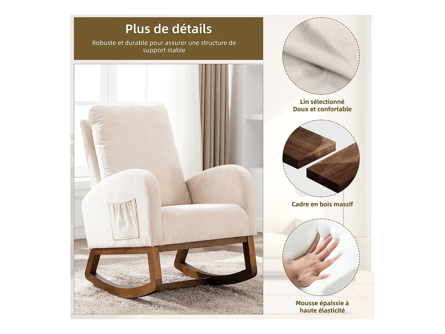 Fauteuil à Bascule en Tissu Lin Beige avec Poches Latérales - Style Carré et Design Naturel pour Salon ou Balcon