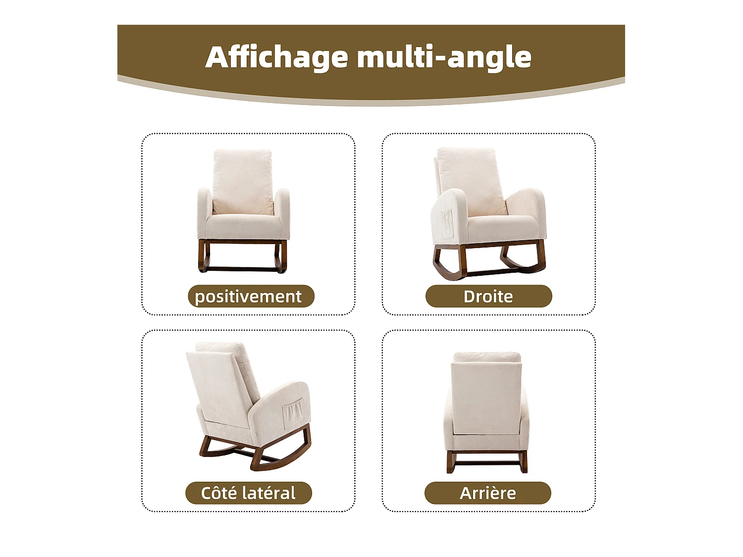 Fauteuil à Bascule en Tissu Lin Beige avec Poches Latérales - Style Carré et Design Naturel pour Salon ou Balcon