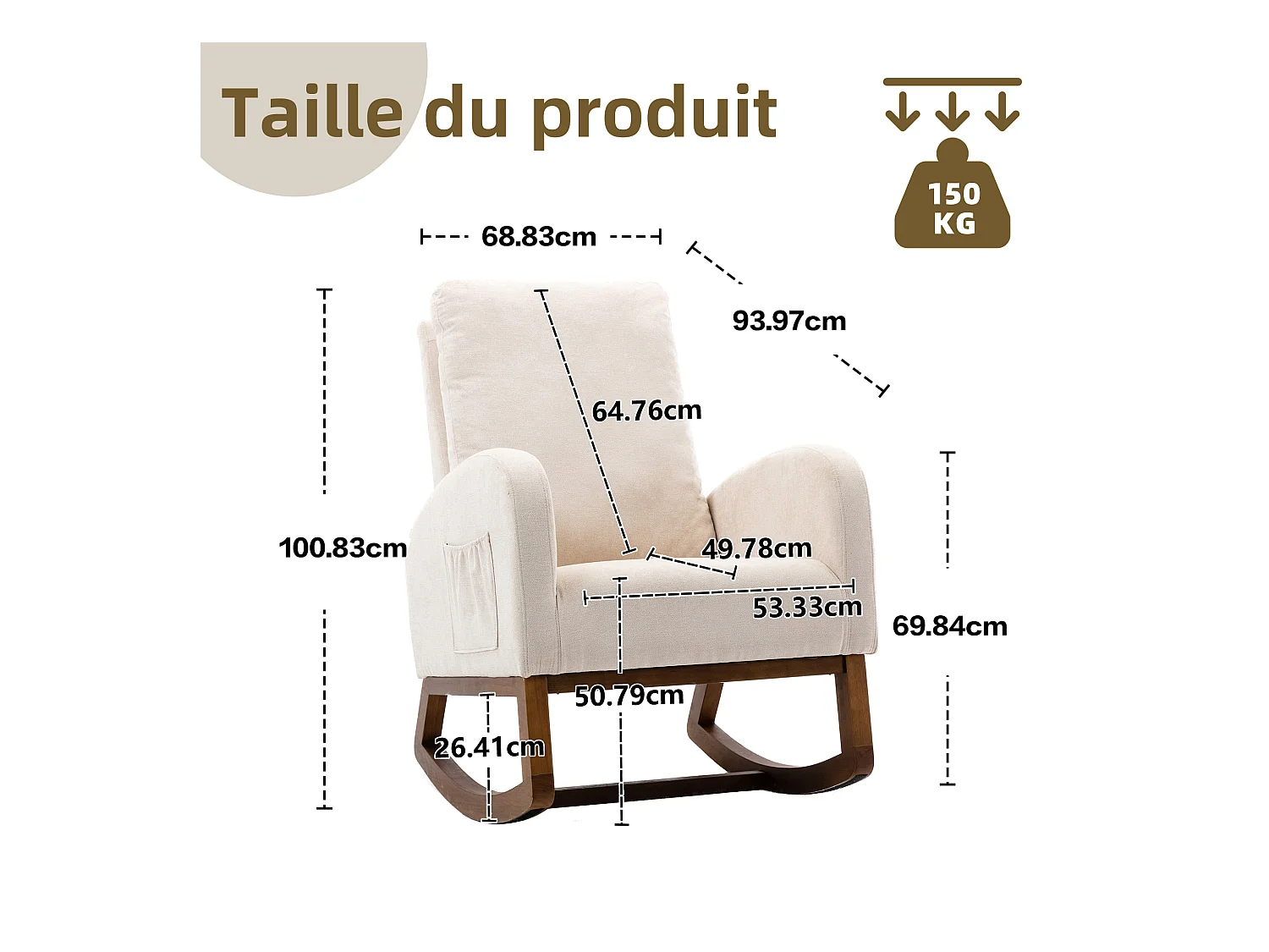 Fauteuil à Bascule en Tissu Lin Beige avec Poches Latérales - Style Carré et Design Naturel pour Salon ou Balcon