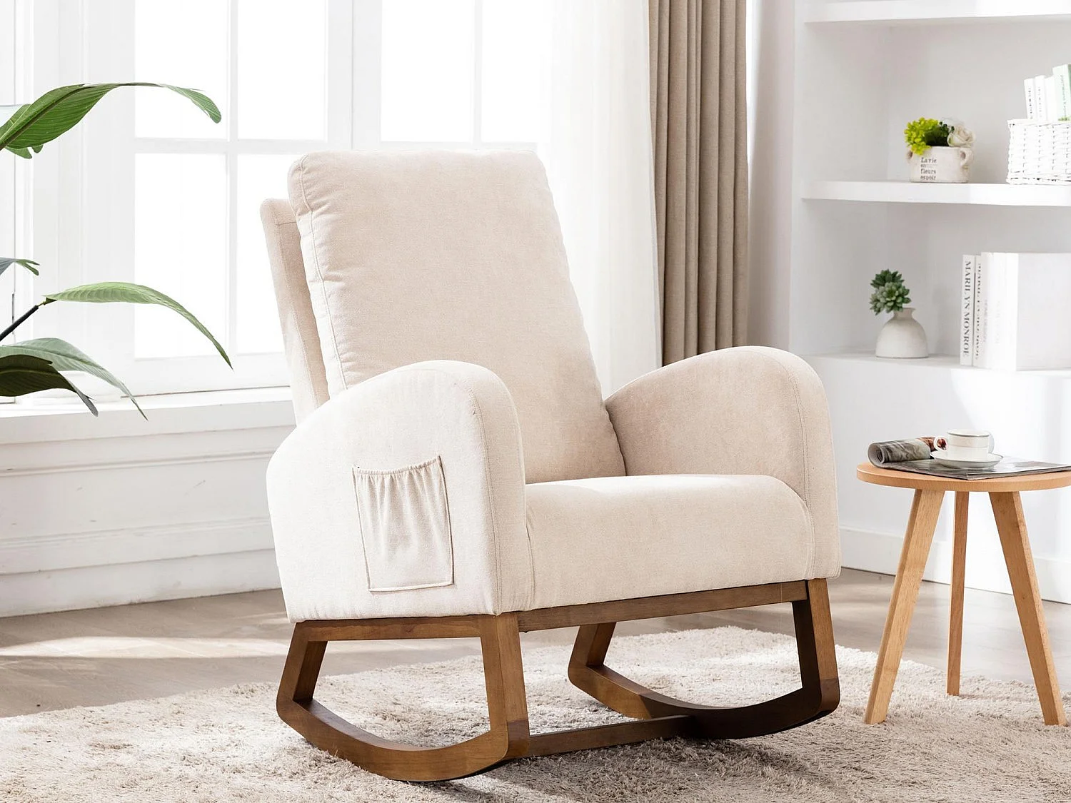 Fauteuil à Bascule en Tissu Lin Beige avec Poches Latérales - Style Carré et Design Naturel pour Salon ou Balcon
