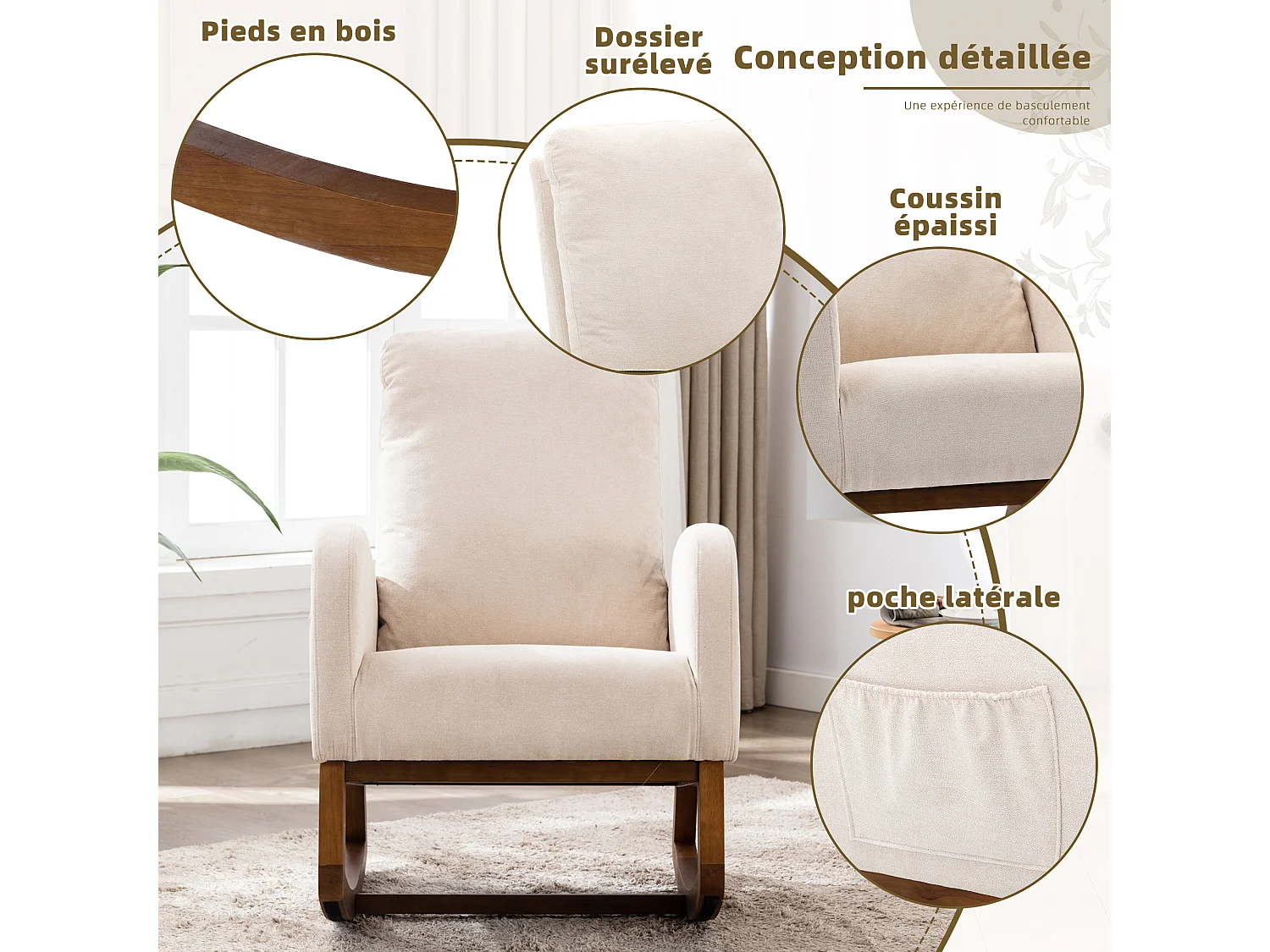 Fauteuil à Bascule en Tissu Lin Beige avec Poches Latérales - Style Carré et Design Naturel pour Salon ou Balcon