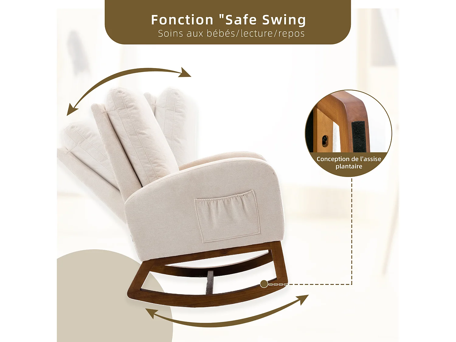 Fauteuil à Bascule en Tissu Lin Beige avec Poches Latérales - Style Carré et Design Naturel pour Salon ou Balcon