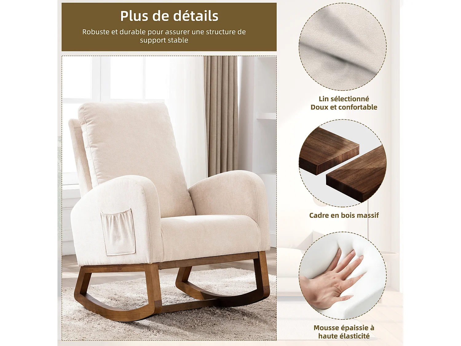 Fauteuil à Bascule en Tissu Lin Beige avec Poches Latérales - Style Carré et Design Naturel pour Salon ou Balcon