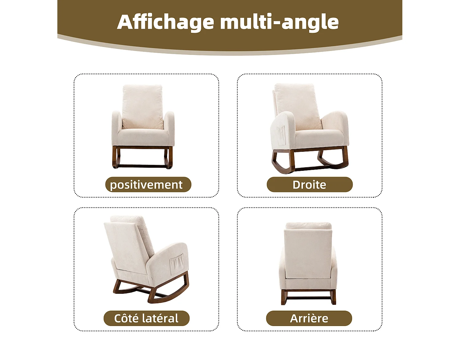 Fauteuil à Bascule en Tissu Lin Beige avec Poches Latérales - Style Carré et Design Naturel pour Salon ou Balcon