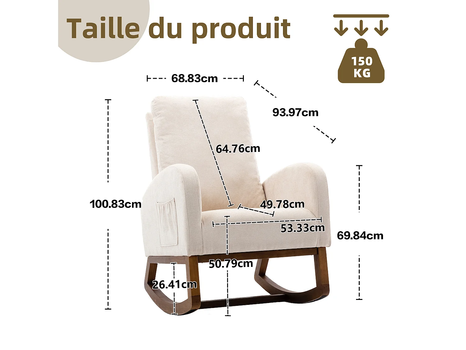 Fauteuil à Bascule en Tissu Lin Beige avec Poches Latérales - Style Carré et Design Naturel pour Salon ou Balcon