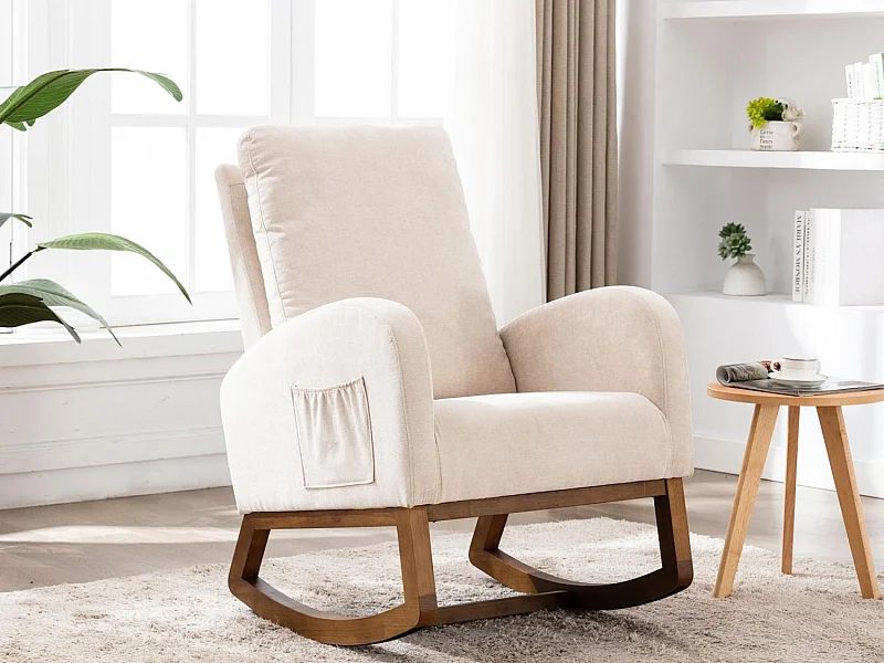Fauteuil à Bascule en Tissu Lin Beige avec Poches Latérales - Style Carré et Design Naturel pour Salon ou Balcon