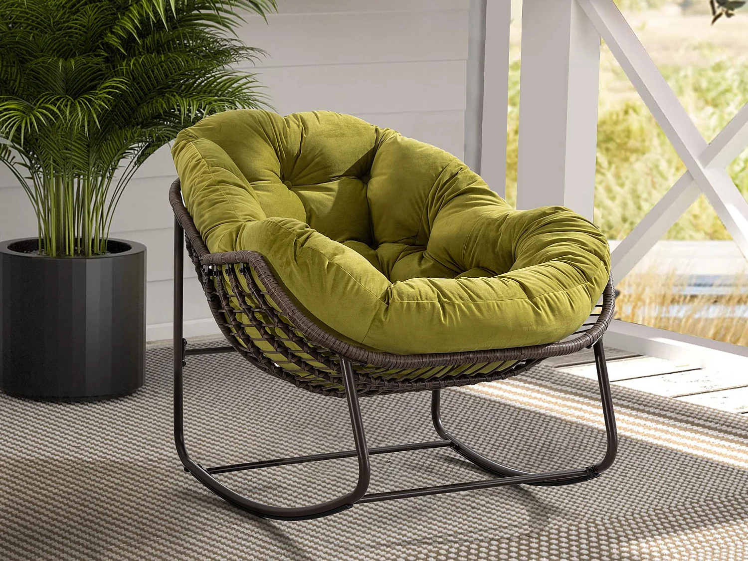 Fauteuil à Bascule en Rotin Naturel - Forme Œuf et Coussin Vert Olive - Confortable pour Salon, Véranda ou Chambre