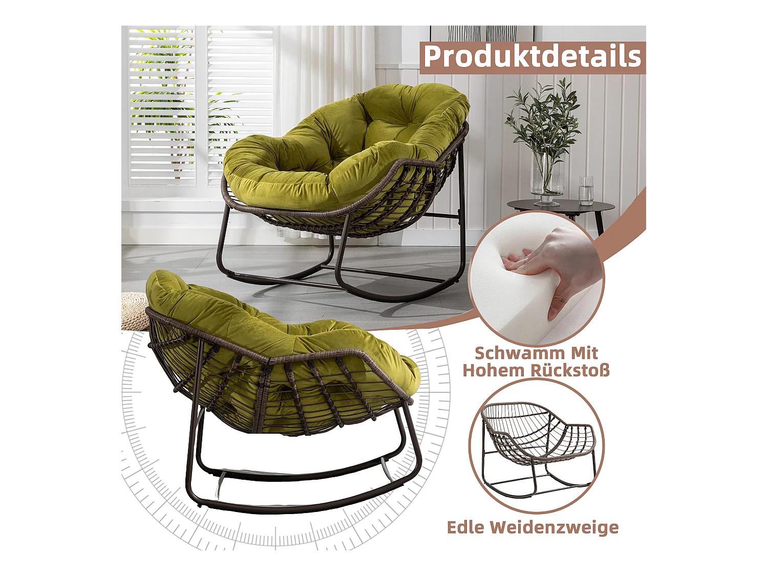 Fauteuil à Bascule en Rotin Naturel - Forme Œuf et Coussin Vert Olive - Confortable pour Salon, Véranda ou Chambre