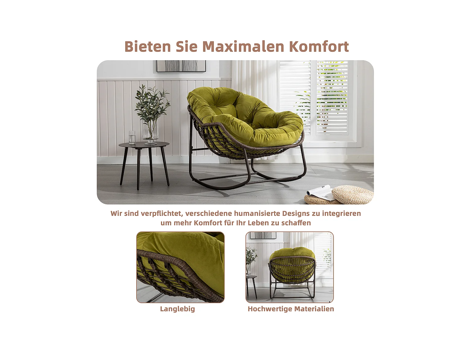 Fauteuil à Bascule en Rotin Naturel - Forme Œuf et Coussin Vert Olive - Confortable pour Salon, Véranda ou Chambre