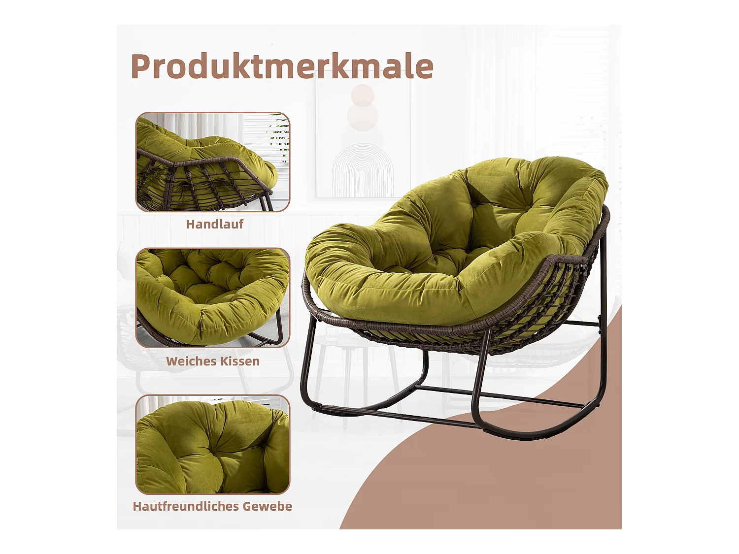 Fauteuil à Bascule en Rotin Naturel - Forme Œuf et Coussin Vert Olive - Confortable pour Salon, Véranda ou Chambre