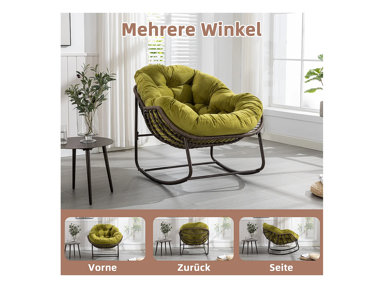 Fauteuil à Bascule en Rotin Naturel - Forme Œuf et Coussin Vert Olive - Confortable pour Salon, Véranda ou Chambre