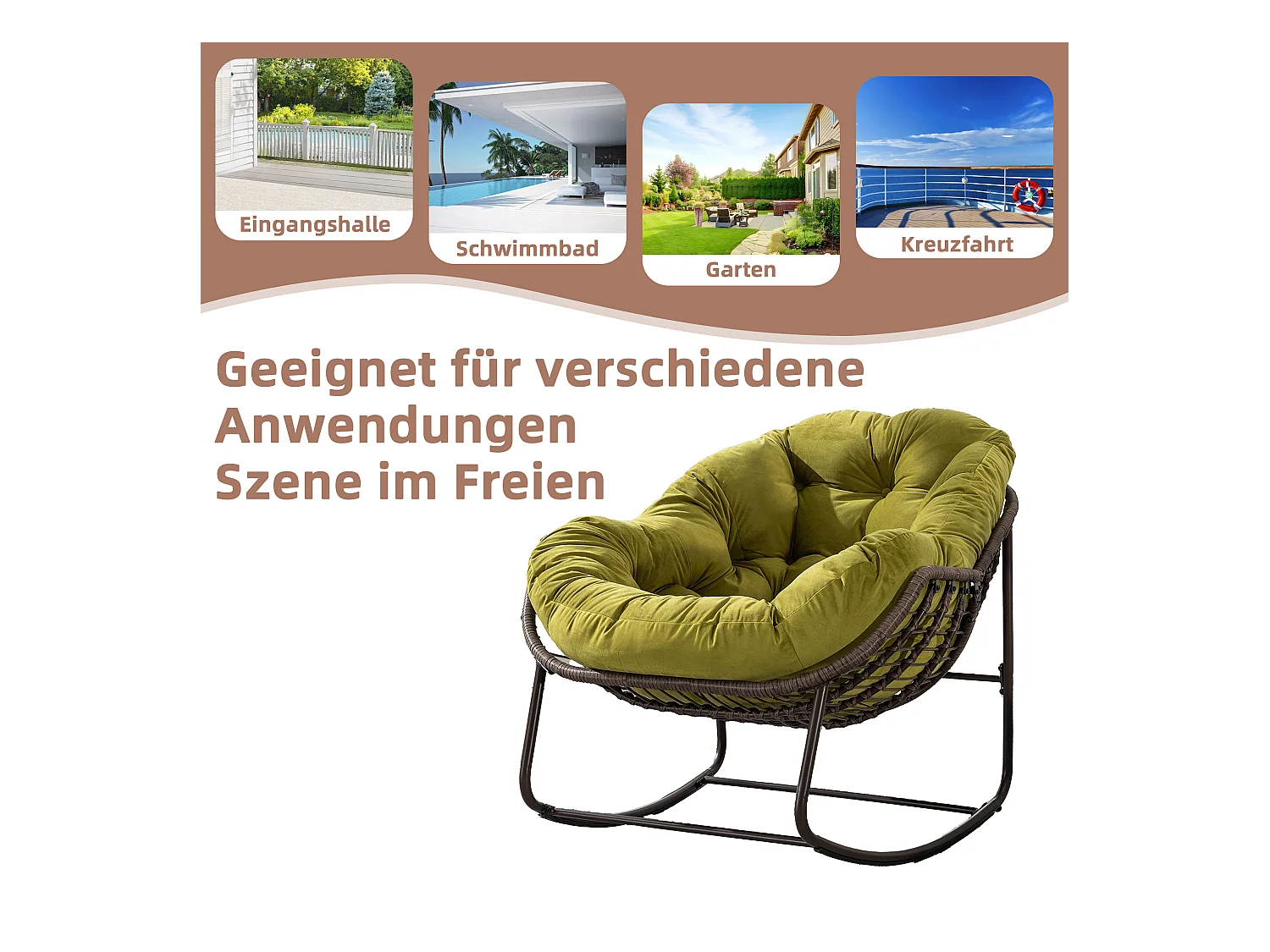 Fauteuil à Bascule en Rotin Naturel - Forme Œuf et Coussin Vert Olive - Confortable pour Salon, Véranda ou Chambre