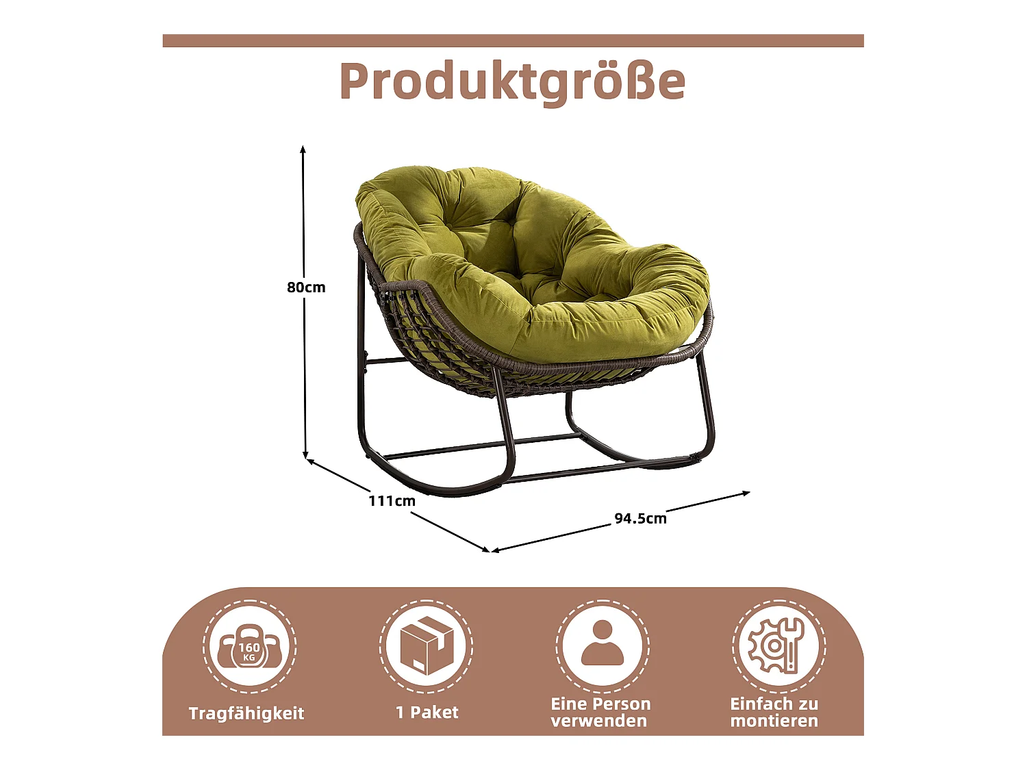 Fauteuil à Bascule en Rotin Naturel - Forme Œuf et Coussin Vert Olive - Confortable pour Salon, Véranda ou Chambre