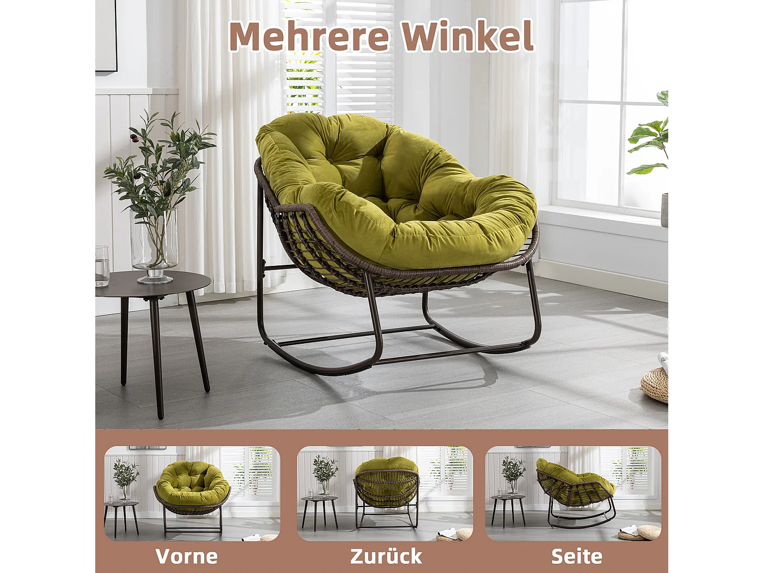 Fauteuil à Bascule en Rotin Naturel - Forme Œuf et Coussin Vert Olive - Confortable pour Salon, Véranda ou Chambre