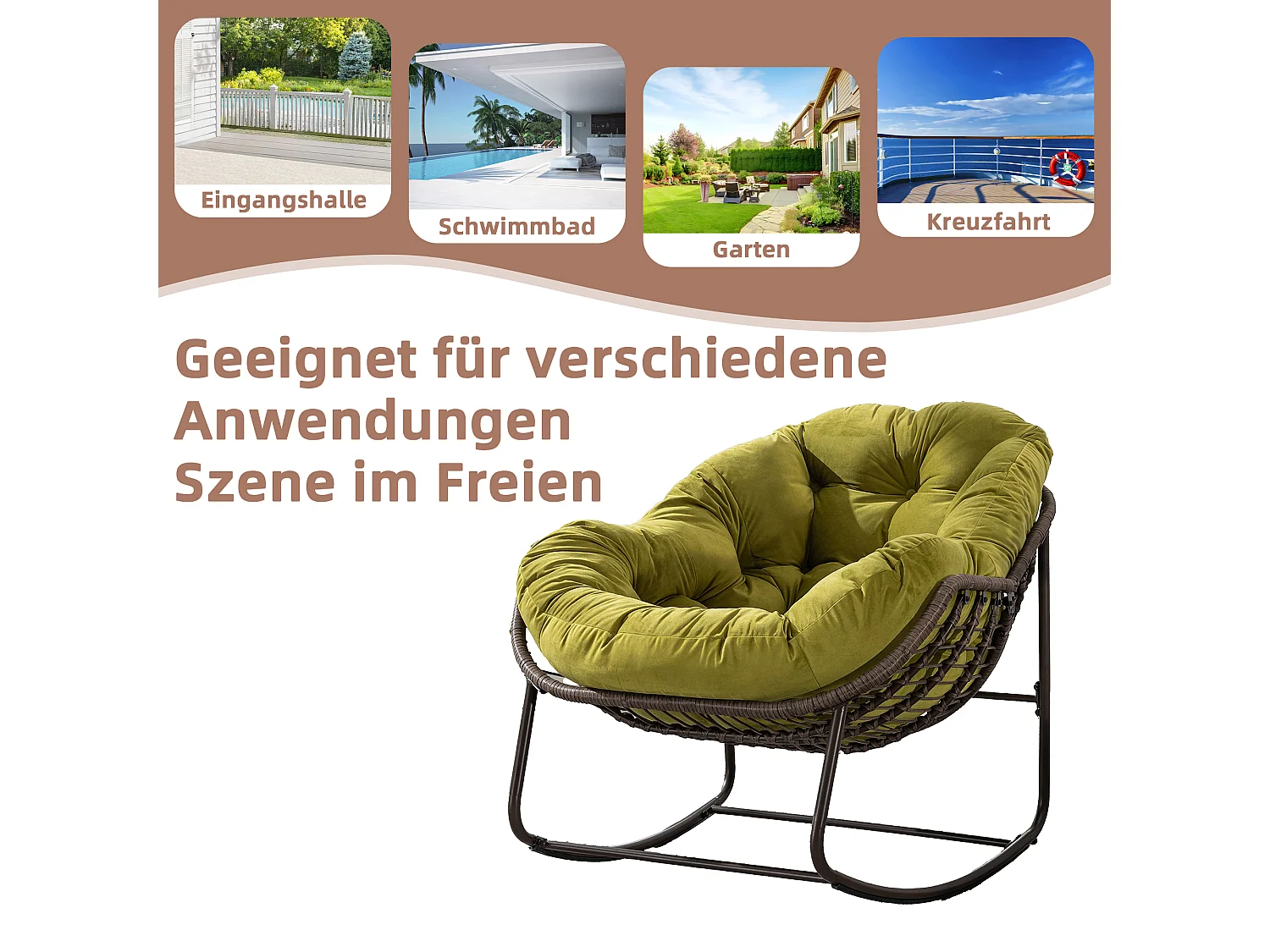 Fauteuil à Bascule en Rotin Naturel - Forme Œuf et Coussin Vert Olive - Confortable pour Salon, Véranda ou Chambre