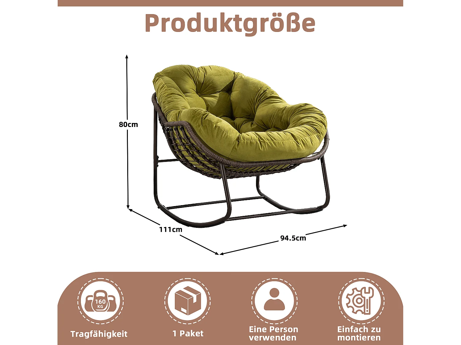 Fauteuil à Bascule en Rotin Naturel - Forme Œuf et Coussin Vert Olive - Confortable pour Salon, Véranda ou Chambre
