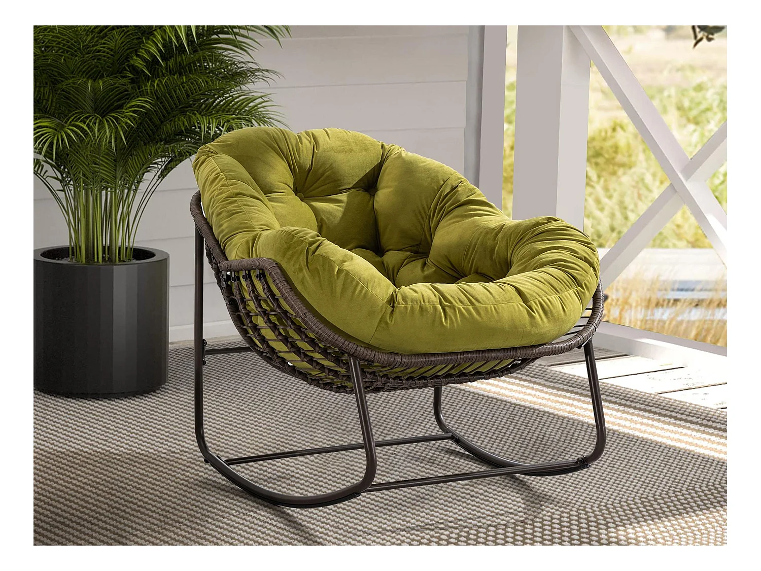 Fauteuil à Bascule en Rotin Naturel - Forme Œuf et Coussin Vert Olive - Confortable pour Salon, Véranda ou Chambre