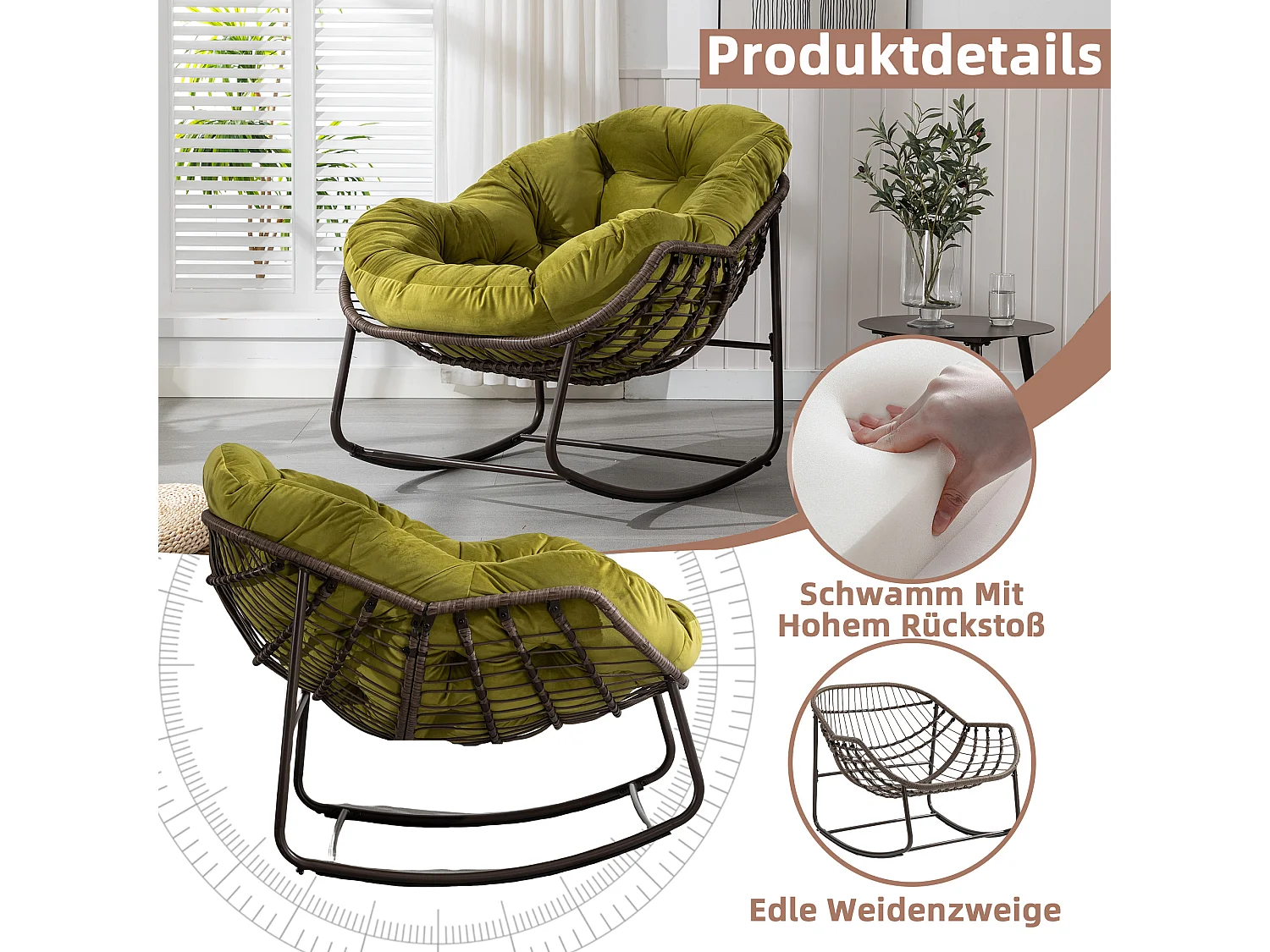 Fauteuil à Bascule en Rotin Naturel - Forme Œuf et Coussin Vert Olive - Confortable pour Salon, Véranda ou Chambre