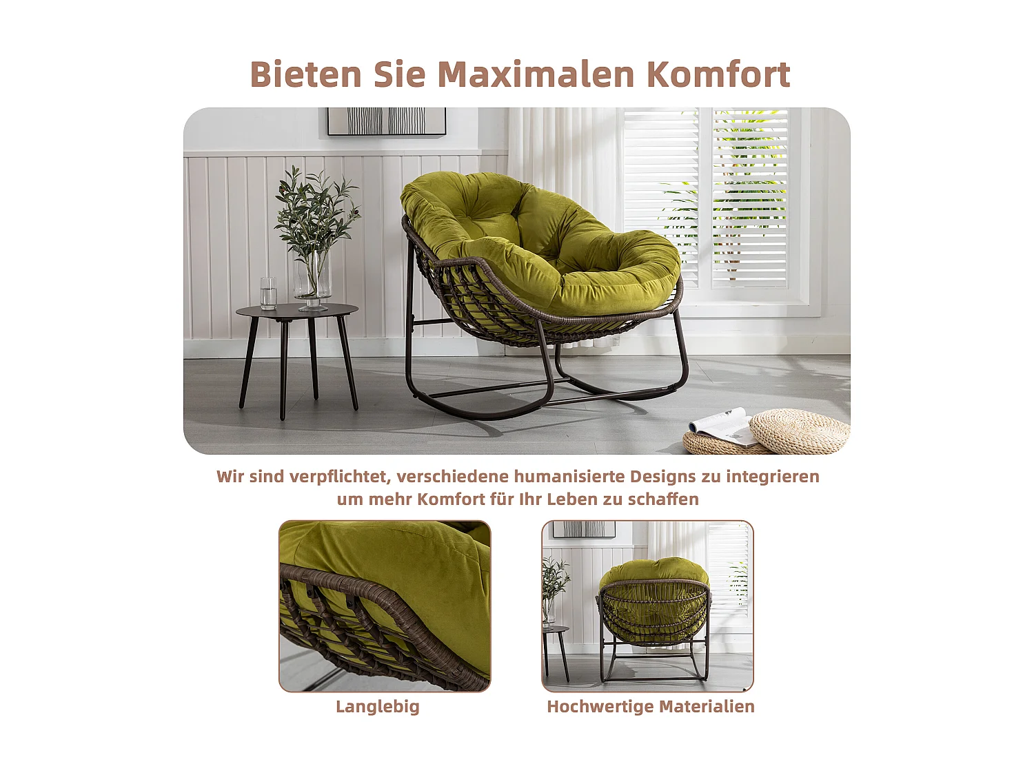 Fauteuil à Bascule en Rotin Naturel - Forme Œuf et Coussin Vert Olive - Confortable pour Salon, Véranda ou Chambre