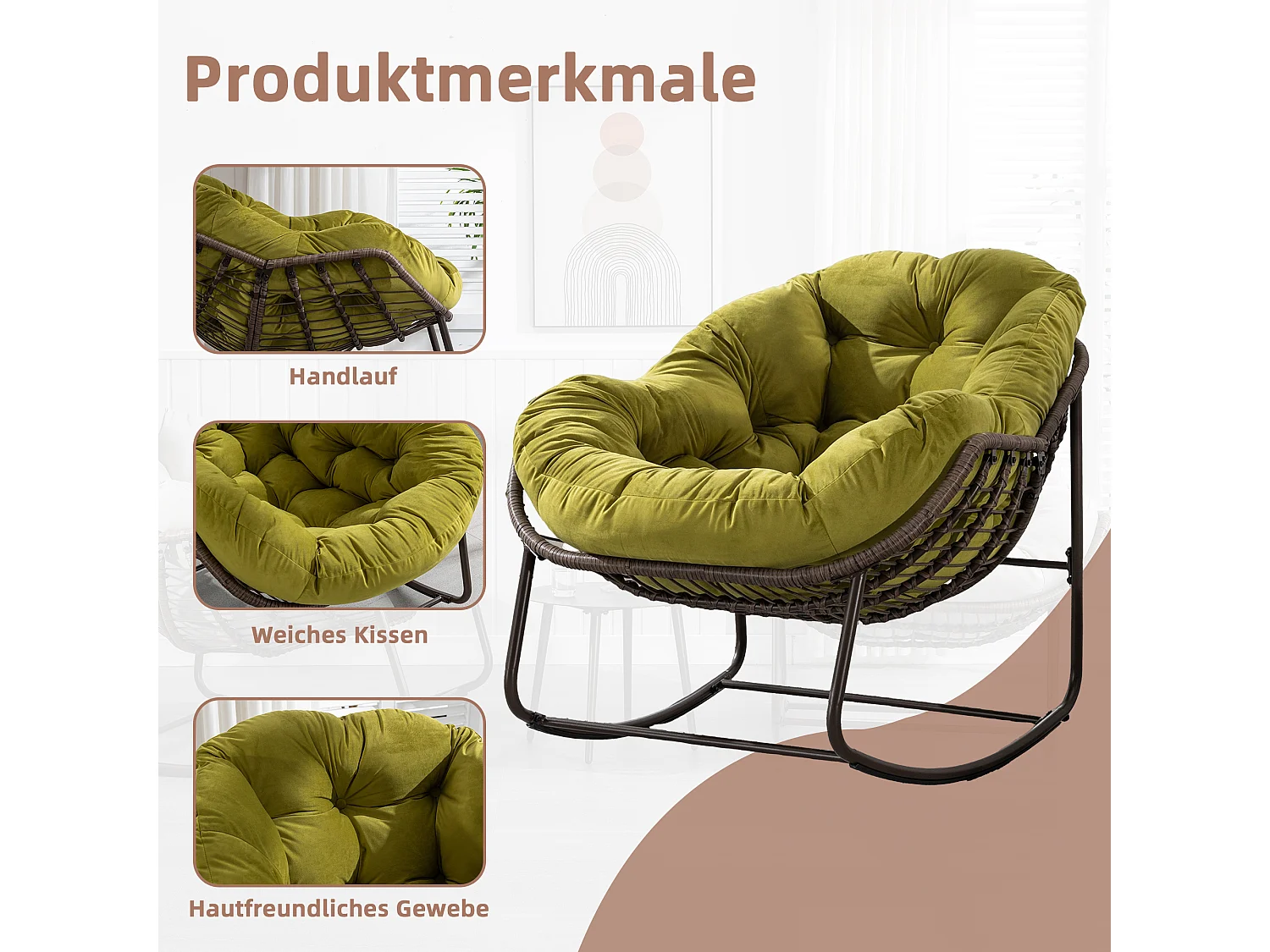 Fauteuil à Bascule en Rotin Naturel - Forme Œuf et Coussin Vert Olive - Confortable pour Salon, Véranda ou Chambre