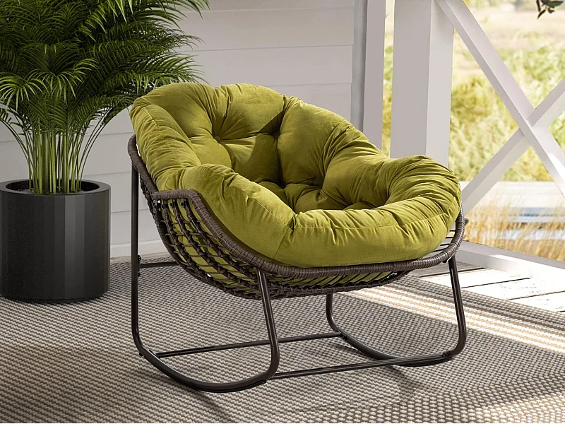 Fauteuil à Bascule en Rotin Naturel - Forme Œuf et Coussin Vert Olive - Confortable pour Salon, Véranda ou Chambre