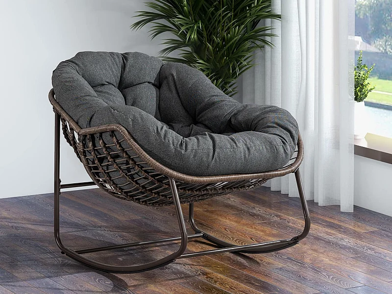 Fauteuil à Bascule en Rotin Naturel - Forme Œuf et Coussin Gris Anthracite - Confortable pour Salon, Véranda ou Chambre