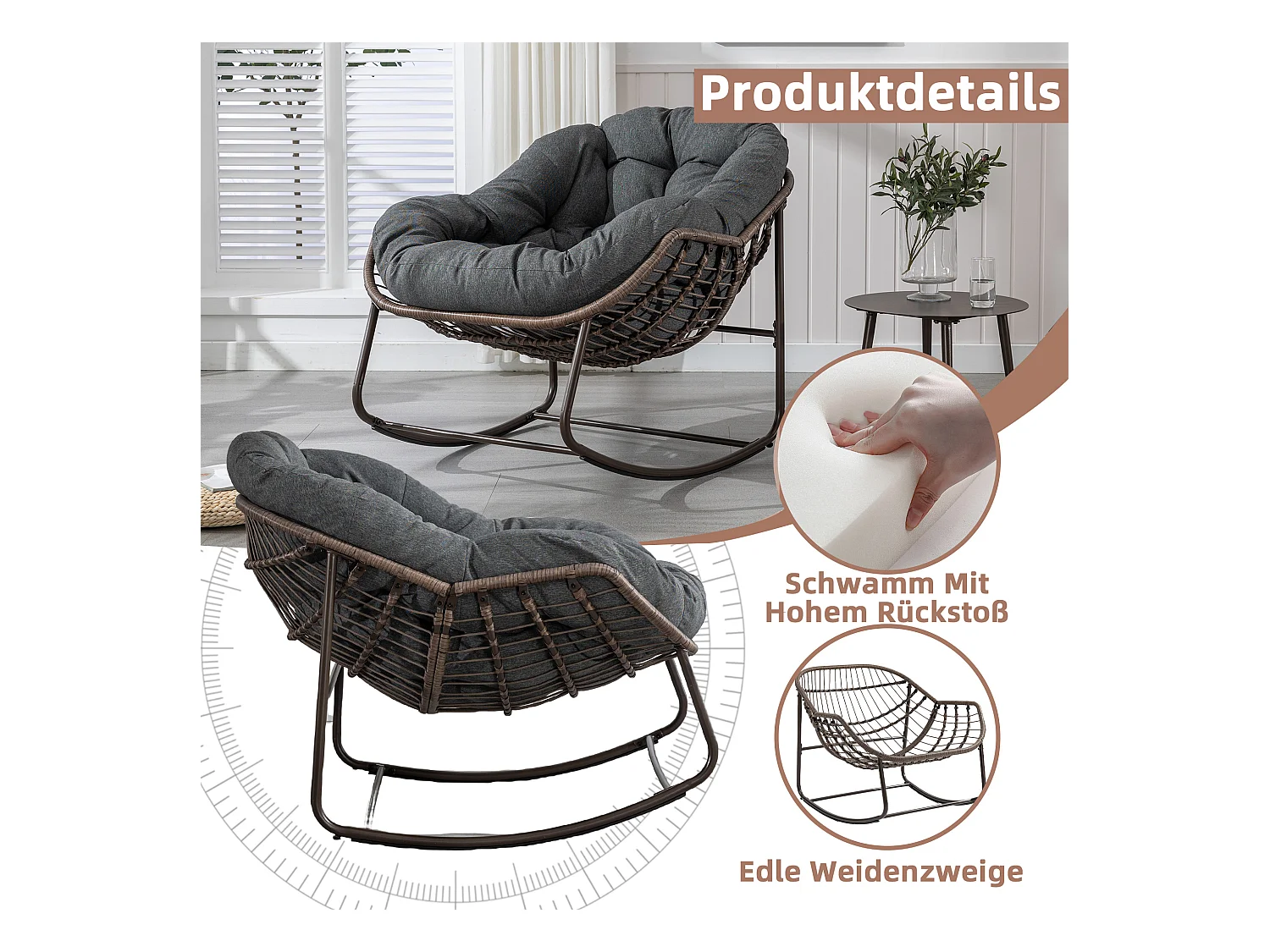 Fauteuil à Bascule en Rotin Naturel - Forme Œuf et Coussin Gris Anthracite - Confortable pour Salon, Véranda ou Chambre