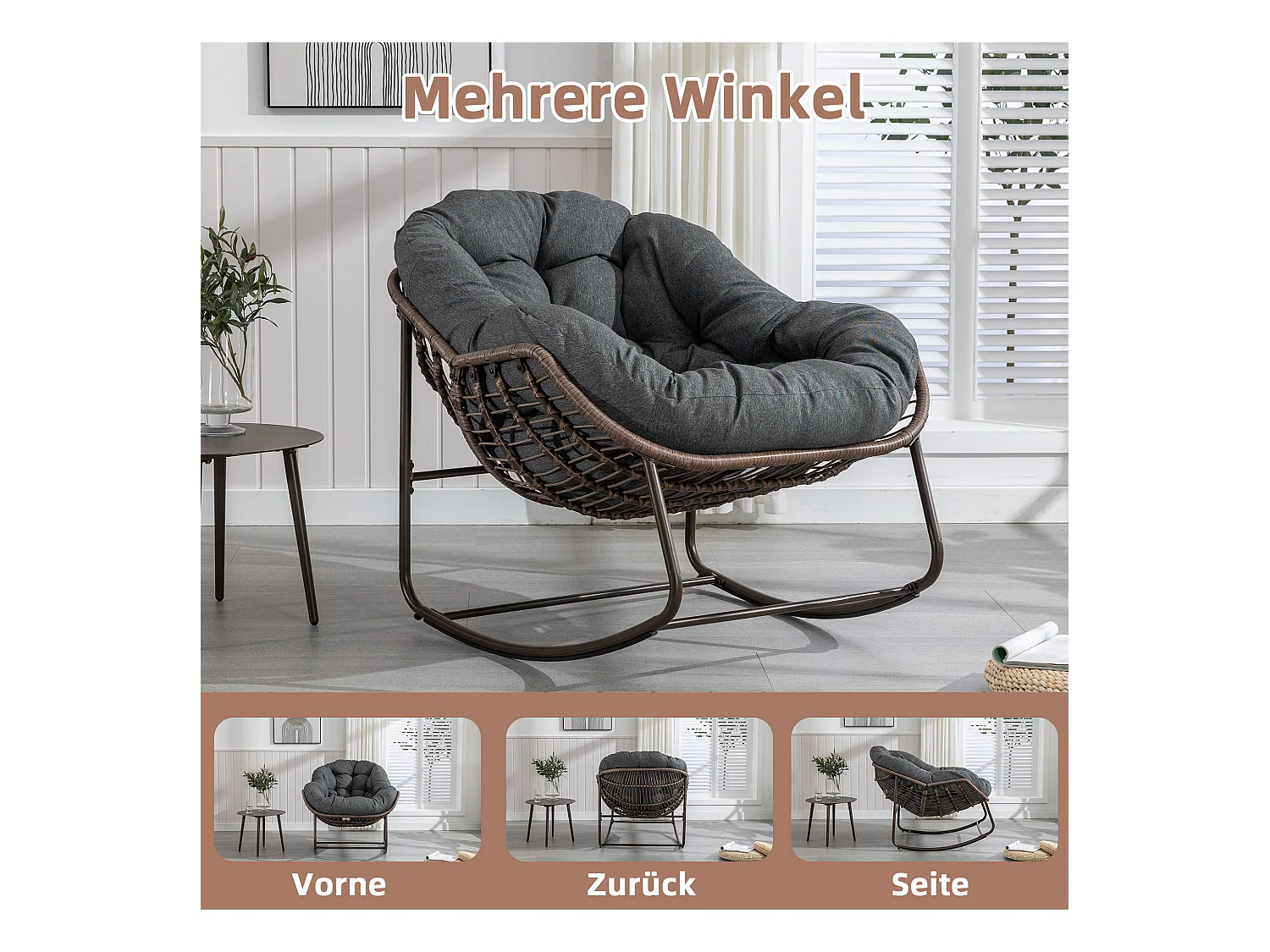 Fauteuil à Bascule en Rotin Naturel - Forme Œuf et Coussin Gris Anthracite - Confortable pour Salon, Véranda ou Chambre