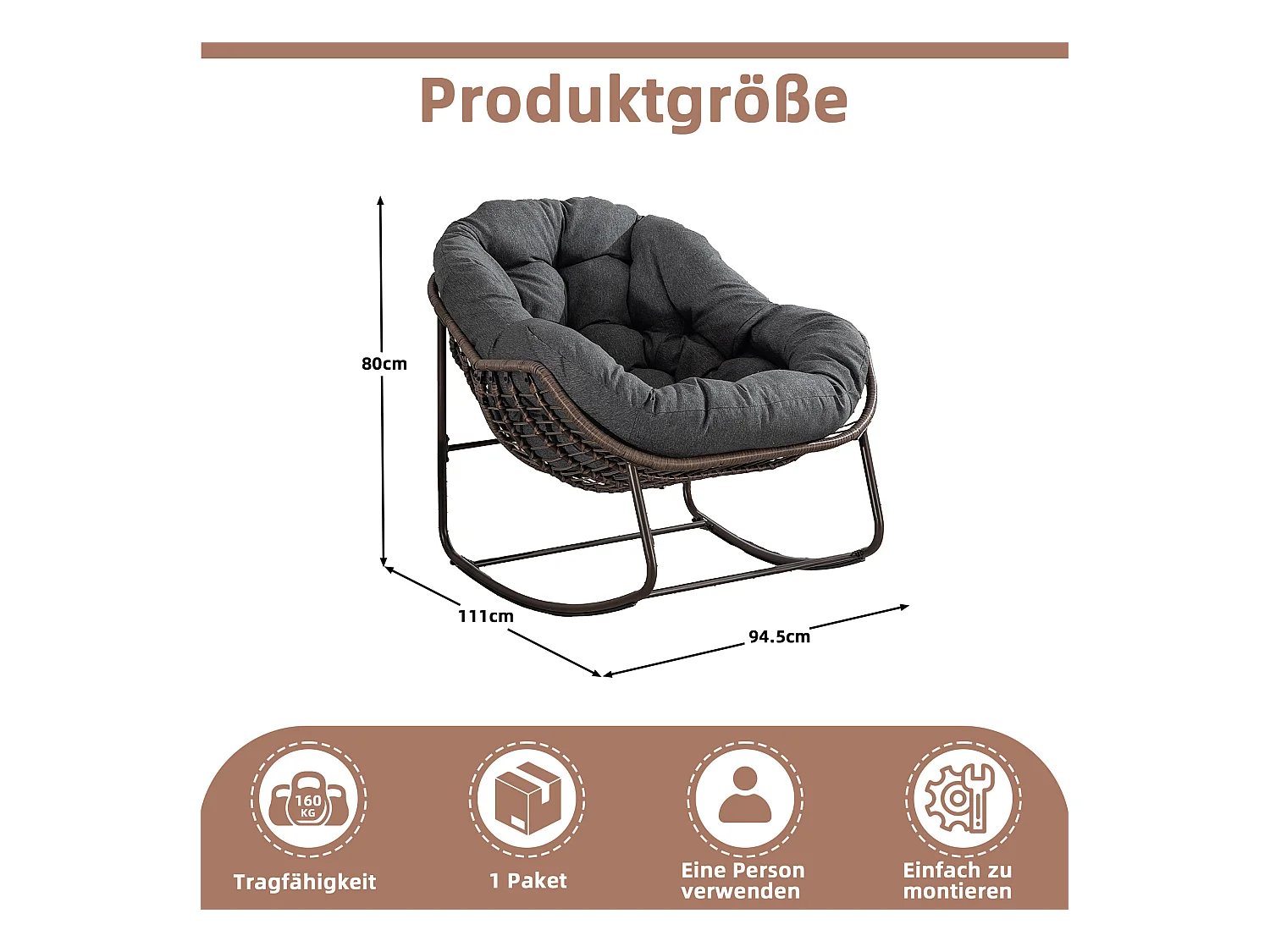 Fauteuil à Bascule en Rotin Naturel - Forme Œuf et Coussin Gris Anthracite - Confortable pour Salon, Véranda ou Chambre