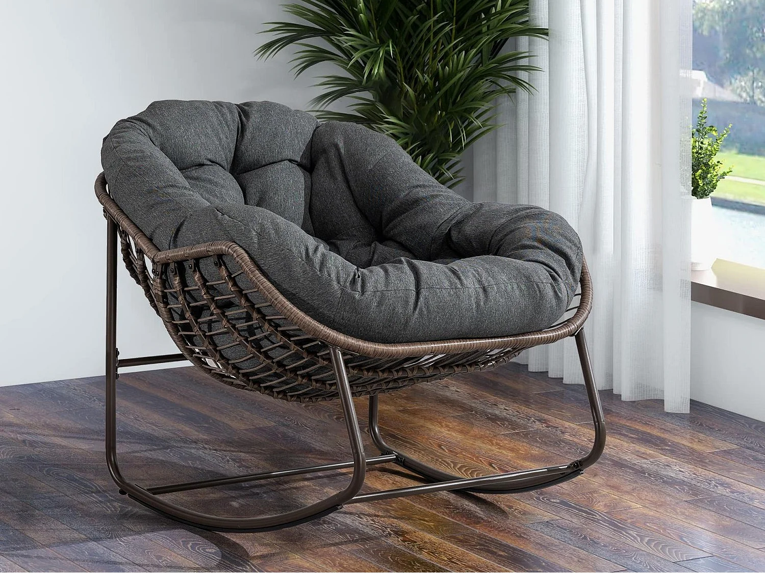 Fauteuil à Bascule en Rotin Naturel - Forme Œuf et Coussin Gris Anthracite - Confortable pour Salon, Véranda ou Chambre