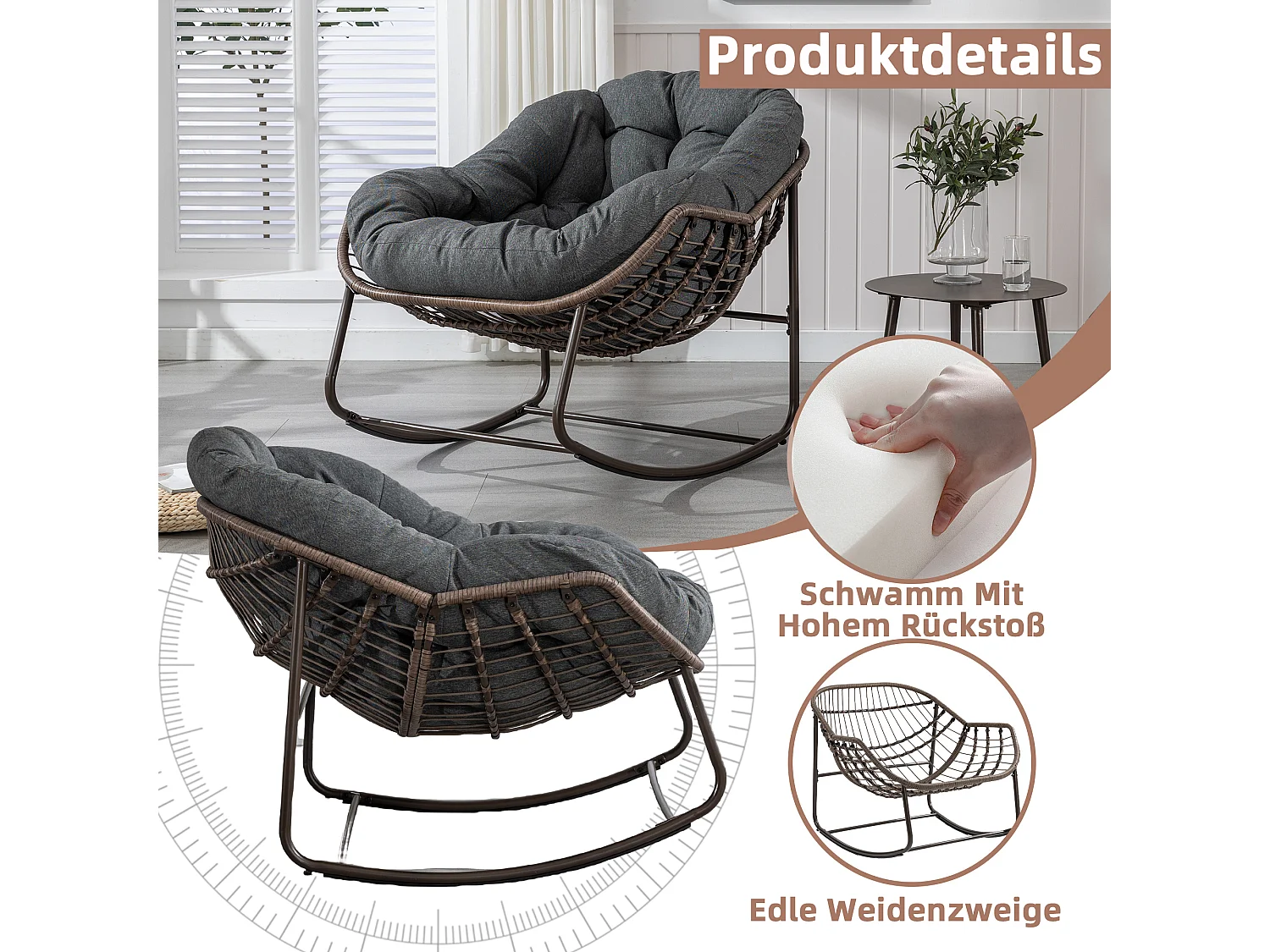 Fauteuil à Bascule en Rotin Naturel - Forme Œuf et Coussin Gris Anthracite - Confortable pour Salon, Véranda ou Chambre